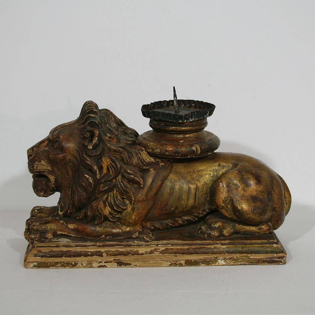Hand-Carved Italian 18th Century Baroque Carved Wooden Lion with Candle-Holder