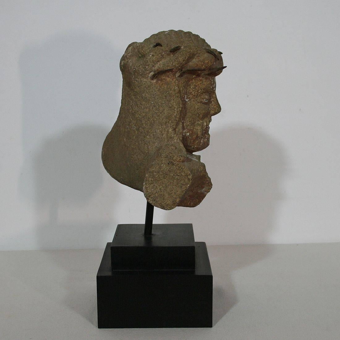 18th Century and Earlier Primitive French Carved Stone Head of Christ