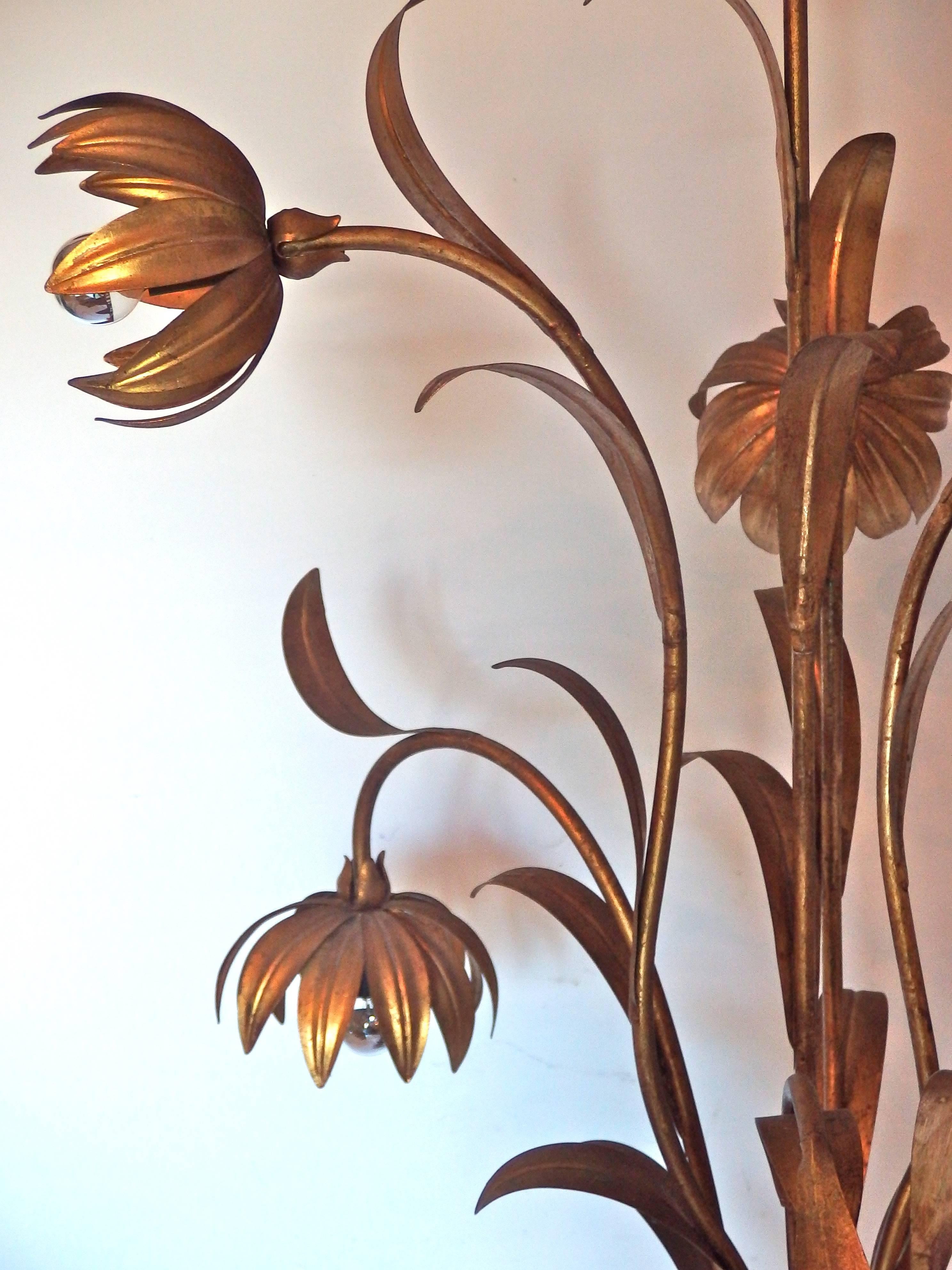 Gilded tole floor lamp with flowers and leaves by Hans Kögl.
