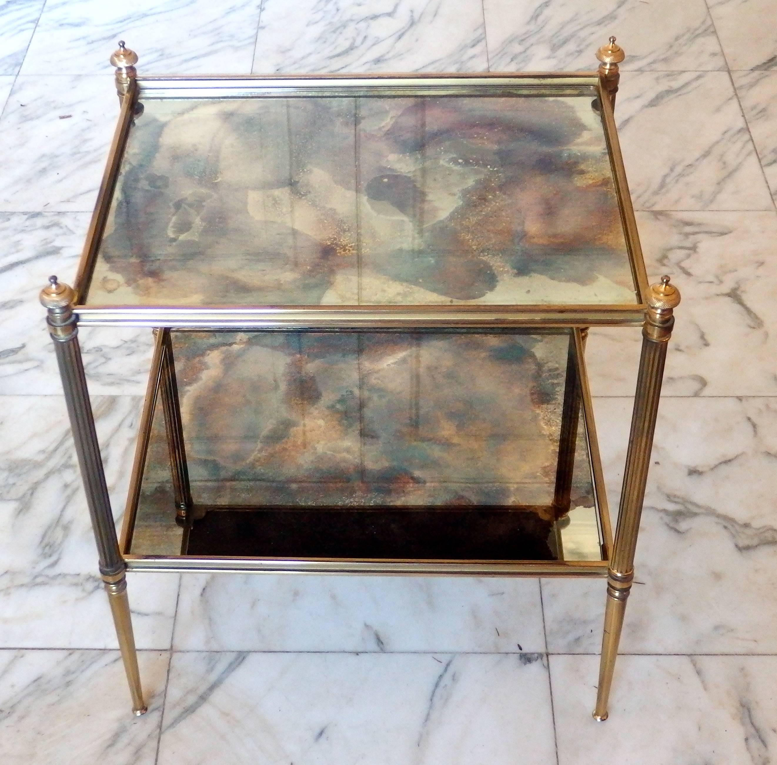 Neoclassical Pair of Brass and Eglomised Glass End Tables