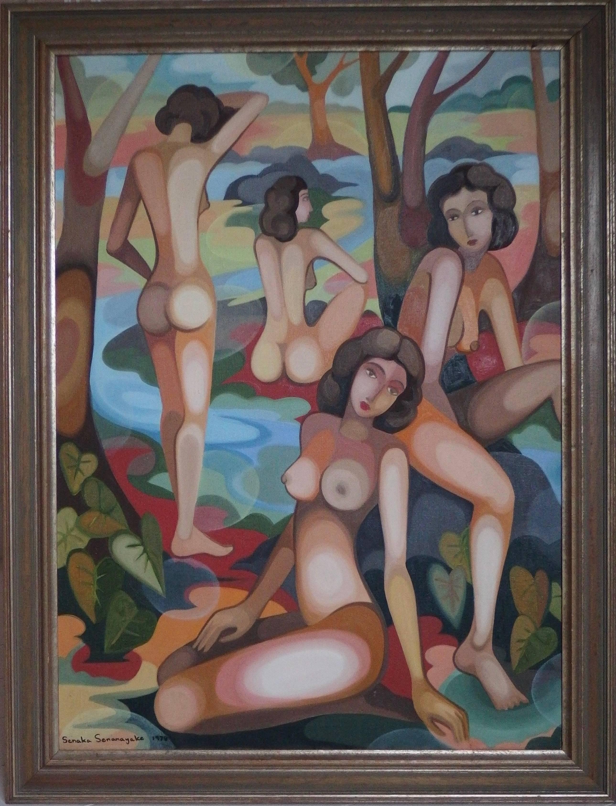 Oil on canvas painting signed and dated 1978 by the Sri Lankan artist Seneka Senanayake depicting bathing ladies.