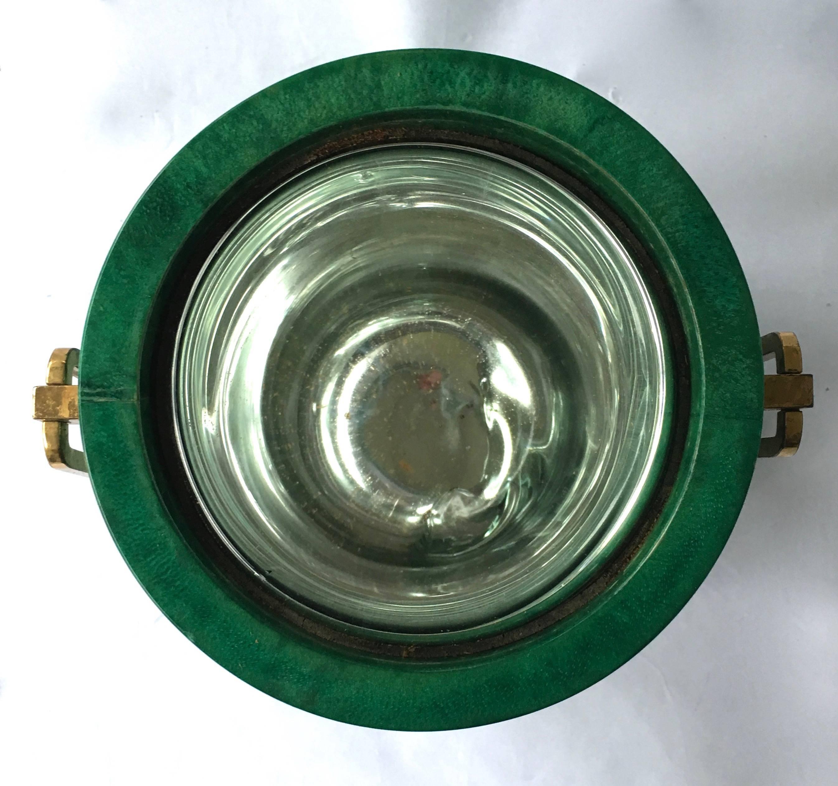 Green lacquered goatskin ice bucket and ice tong by Aldo Tura for Macabo with blown glass inner bucket.