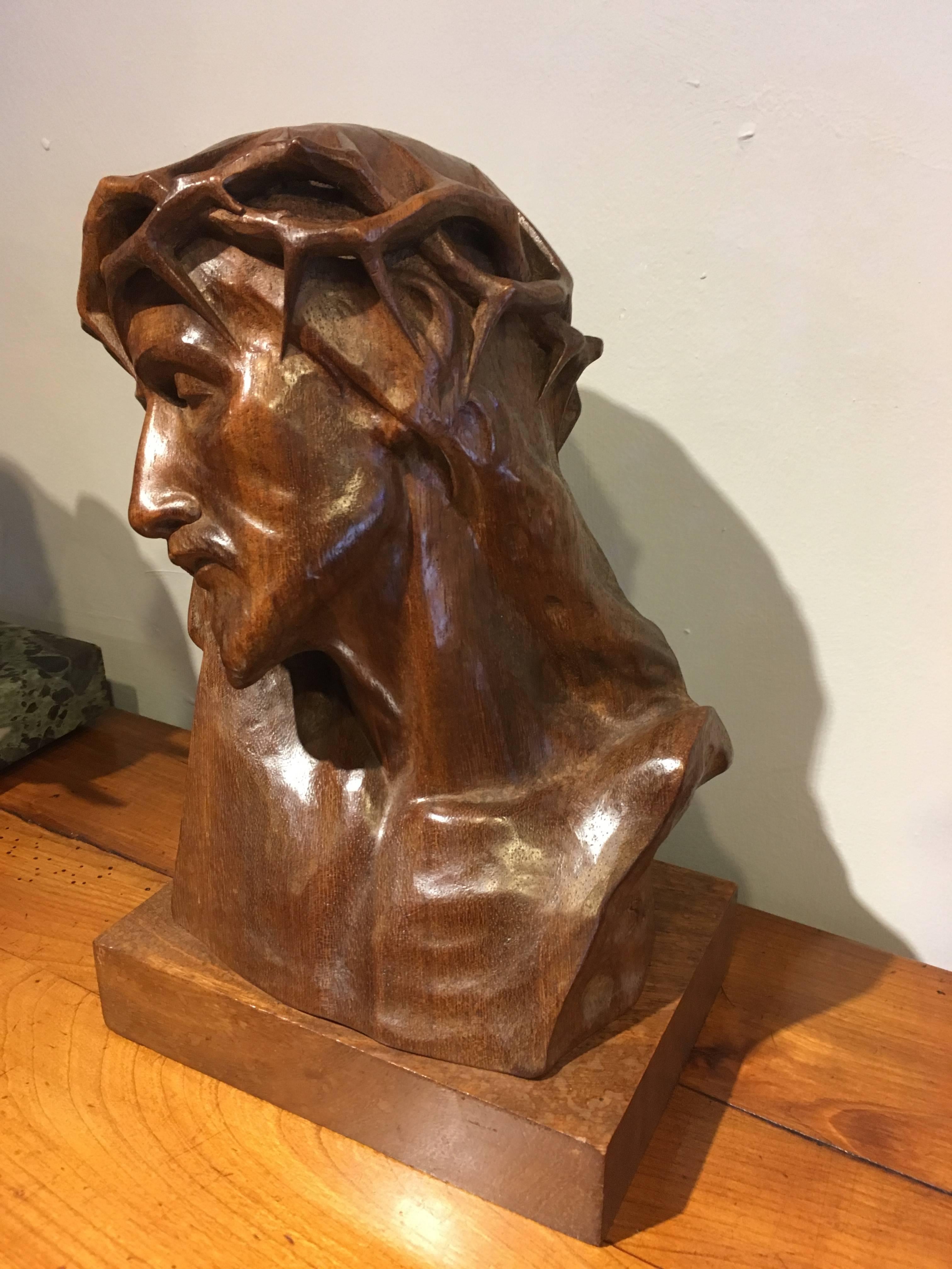 French Carved Wooden Bust of Christ Louis Sosson