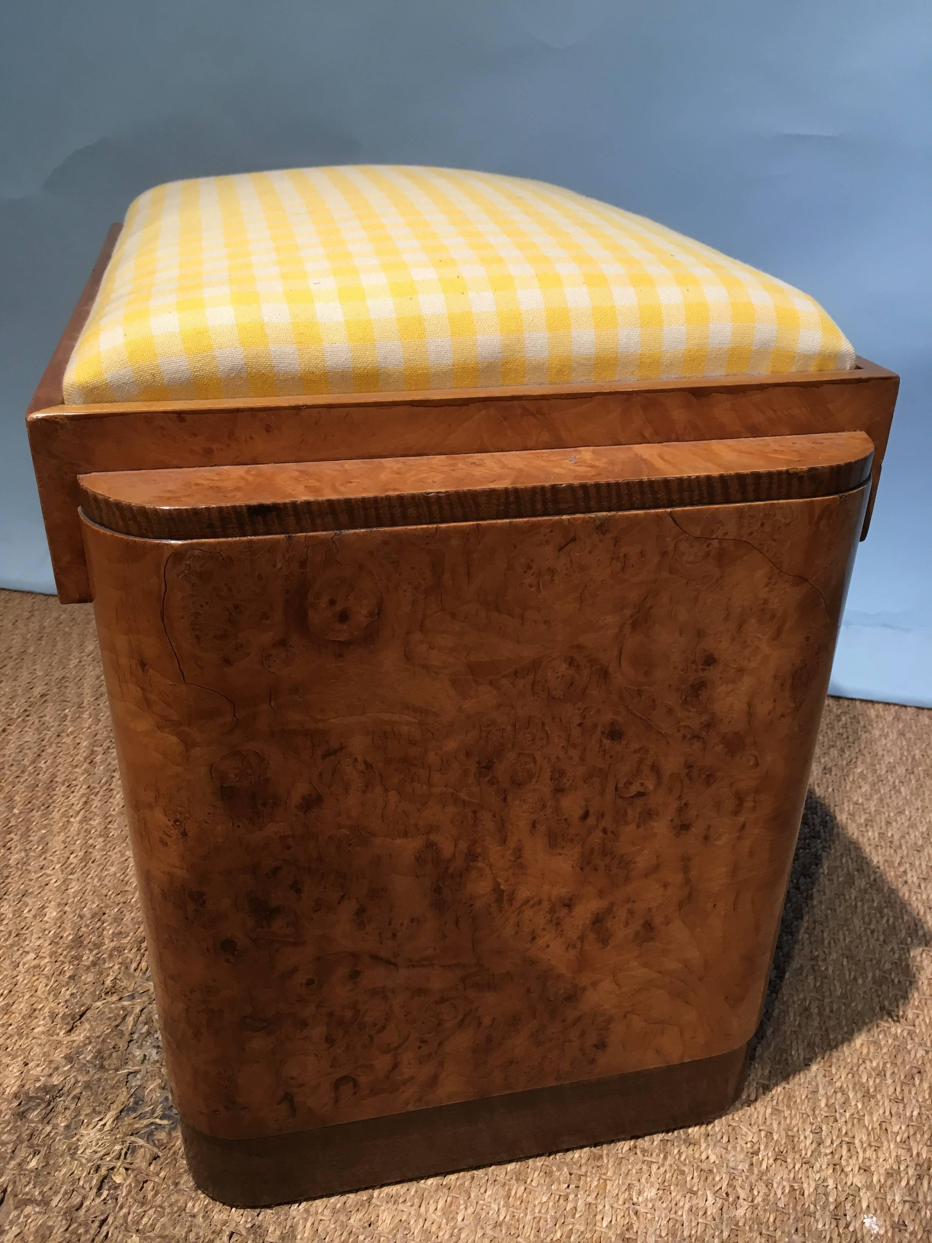 Very good quality Art Deco burr walnut stool, English, circa 1930s.

Presented in top showroom condition having been through our workshops and been cleaned and polished , the top has been re-upholstered 

Measures: H 18 inches 
W 22 inches 
D