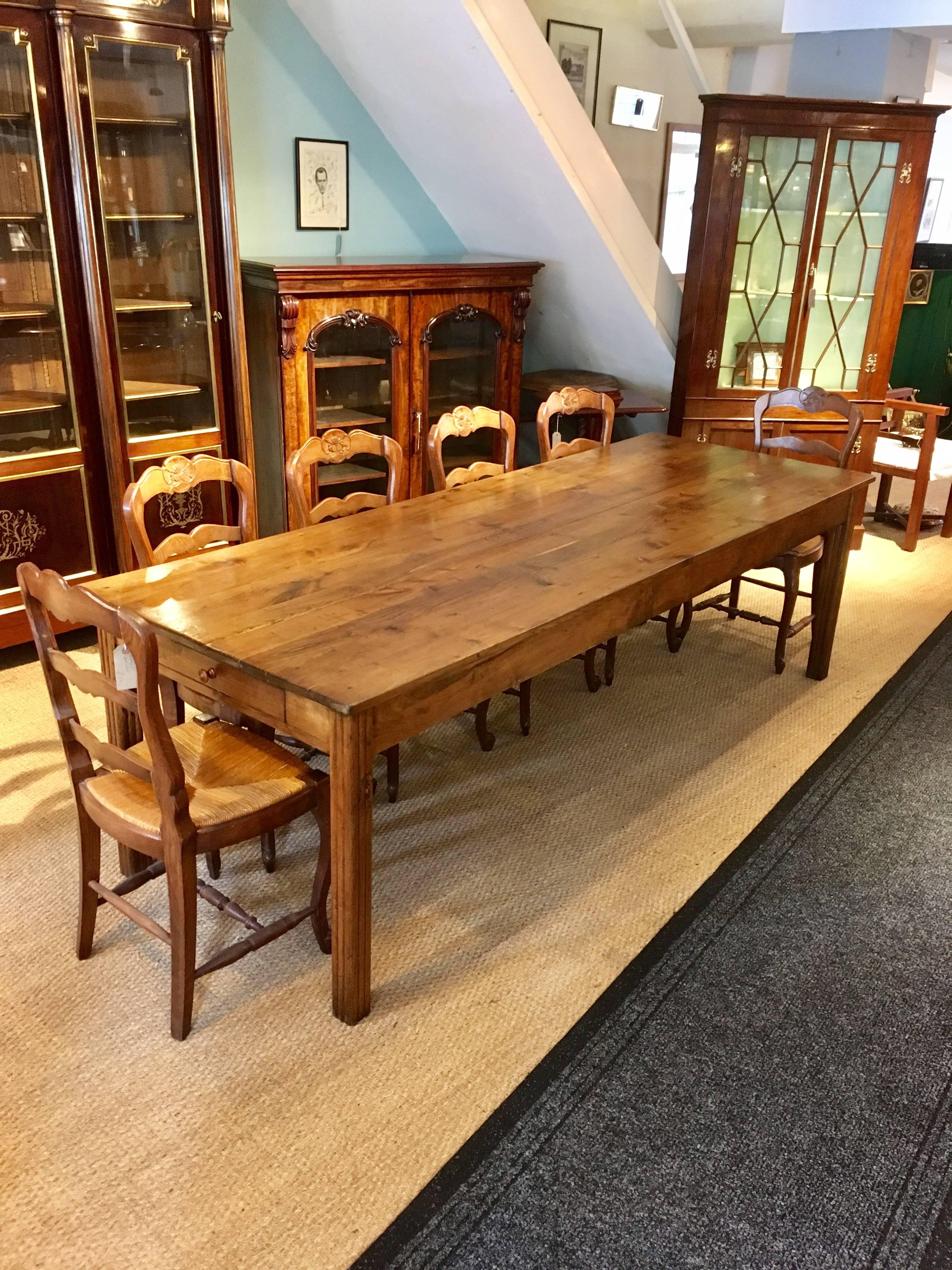 Good sized early 20th century chestnut farmhouse table

French, circa 1920s will easily seat ten people, drawer either end

This table has been through our workshops cleaned / polished any woodworm thoroughly treated all the joints are firm