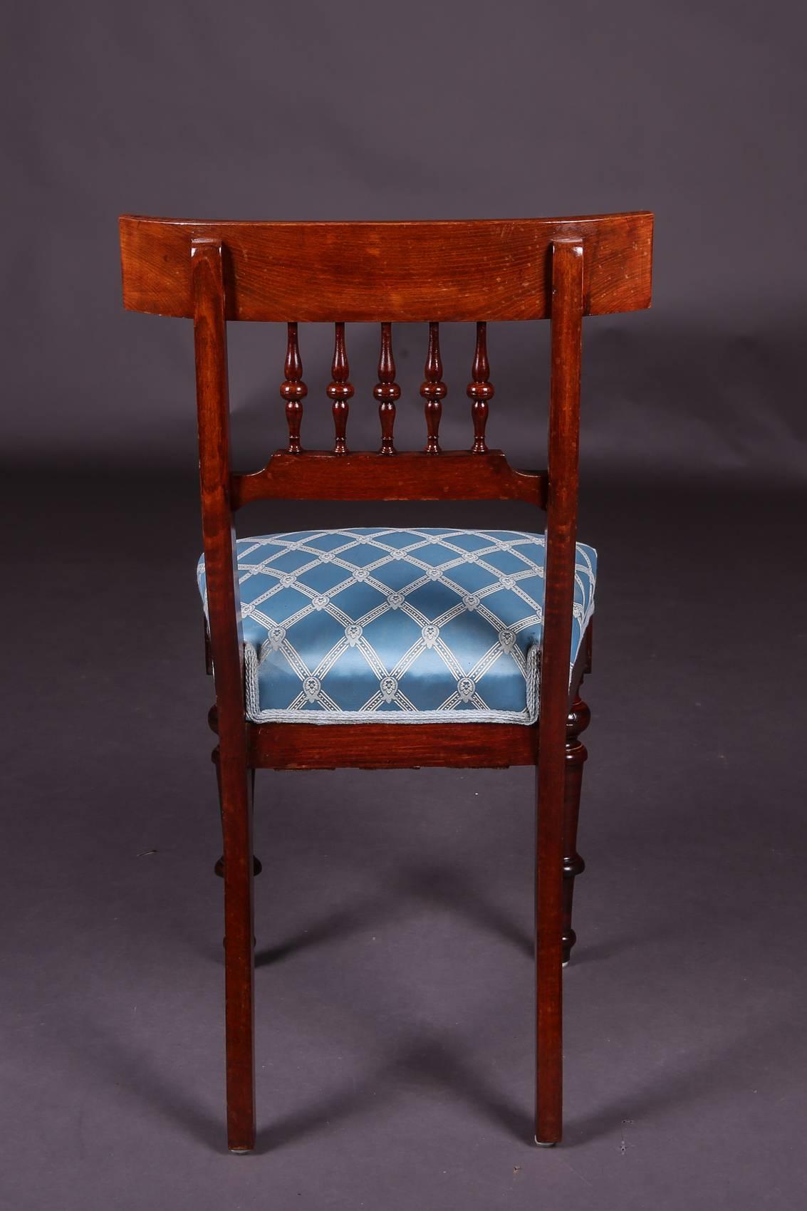 German 19th Century Biedermeier Mahogany Blue Fabric Chair