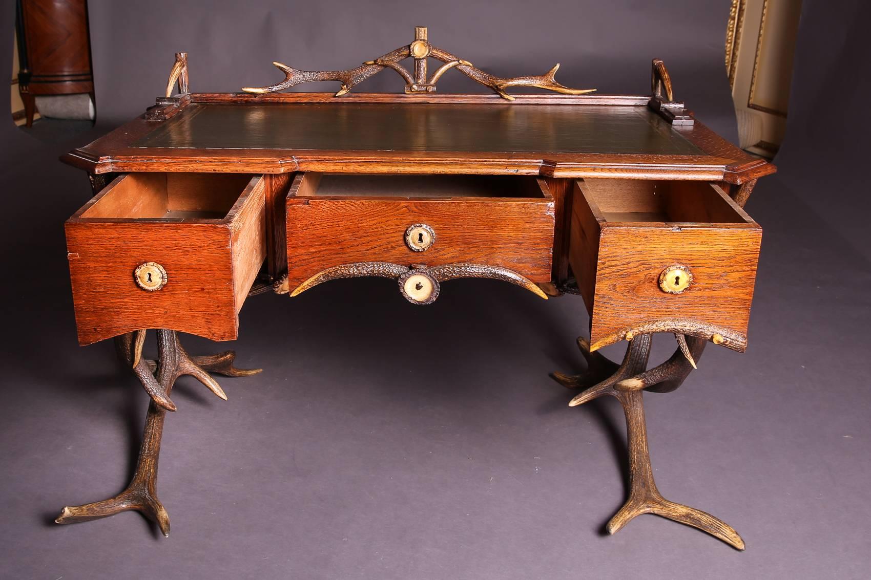 Wood Mid-19th Century Historicism Style Antler Desk with Leather Plate