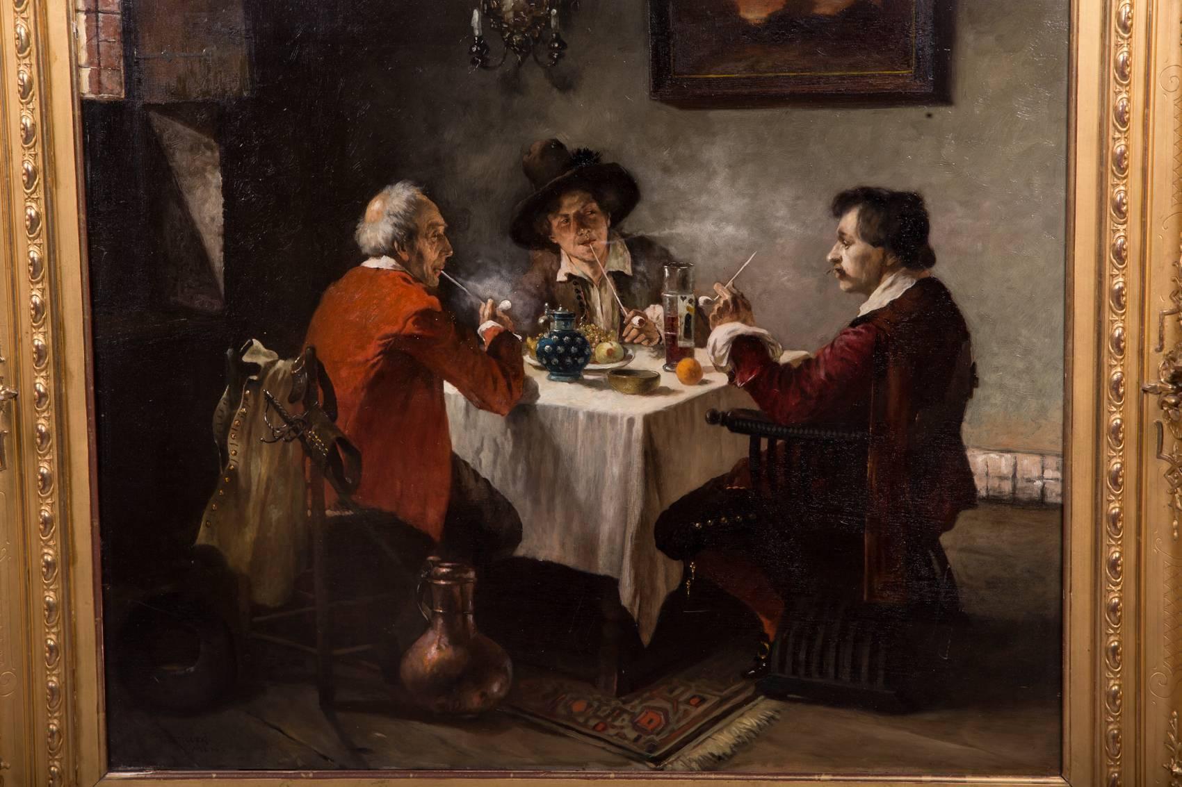 Oil painting on mahogany plate L. Stiller/painting, circa 1880

Oil painted on mahogany. Poliment gold-plated frame. Three gentlemen sitting at the table smoking a pipe. According to previous owners, the painting was paid around DM 6,000 in a