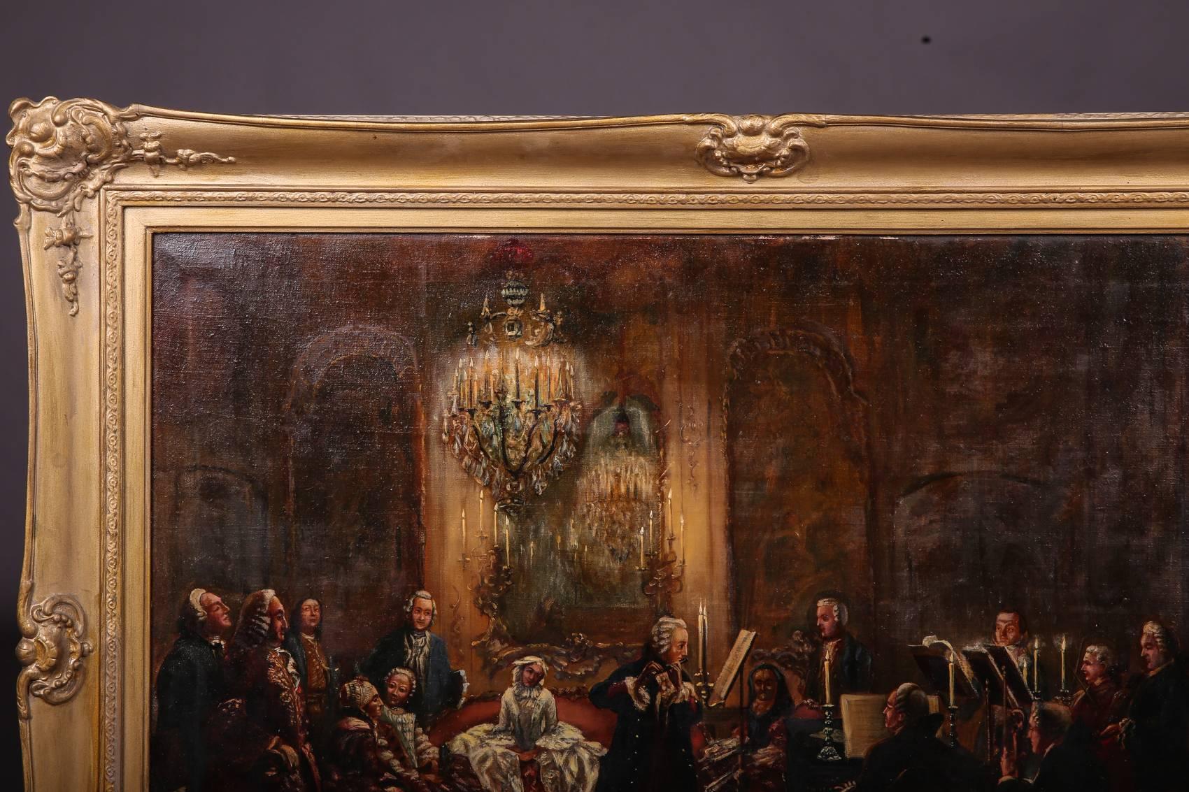 Oil on canvas of the famous flute concerto after Adolph Menzel Fredrick the great. Poliment gold-plated frame.

(S-175).