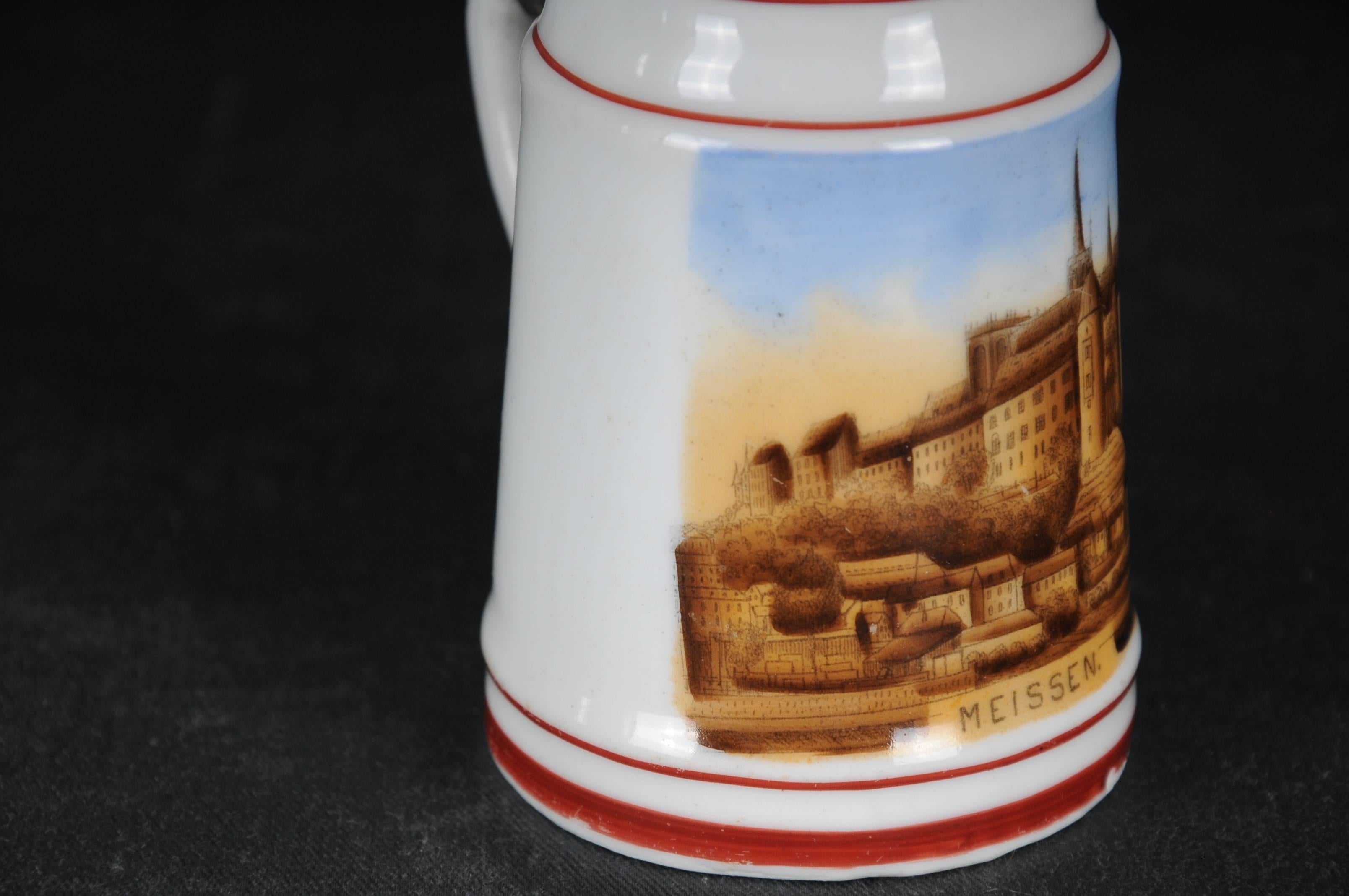 Porcelain 19th Century Old Beer Pitcher with View Meissen For Sale