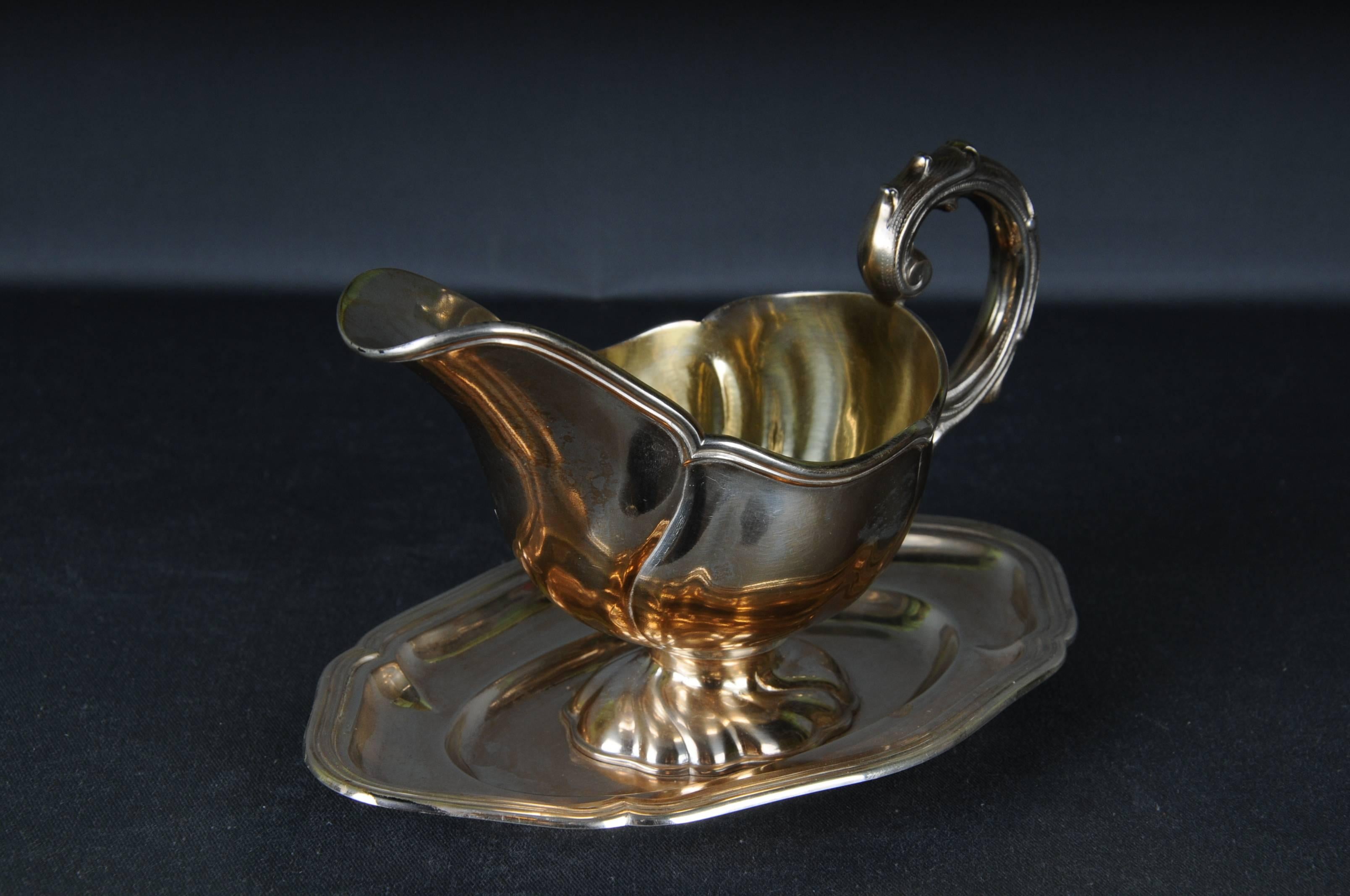 Antique 800 Silver Gravy Boat, gilded, Germany, Dresden Schnauffer 

Half Moon & Crown
inside gold Plated

Weight: 355 grams