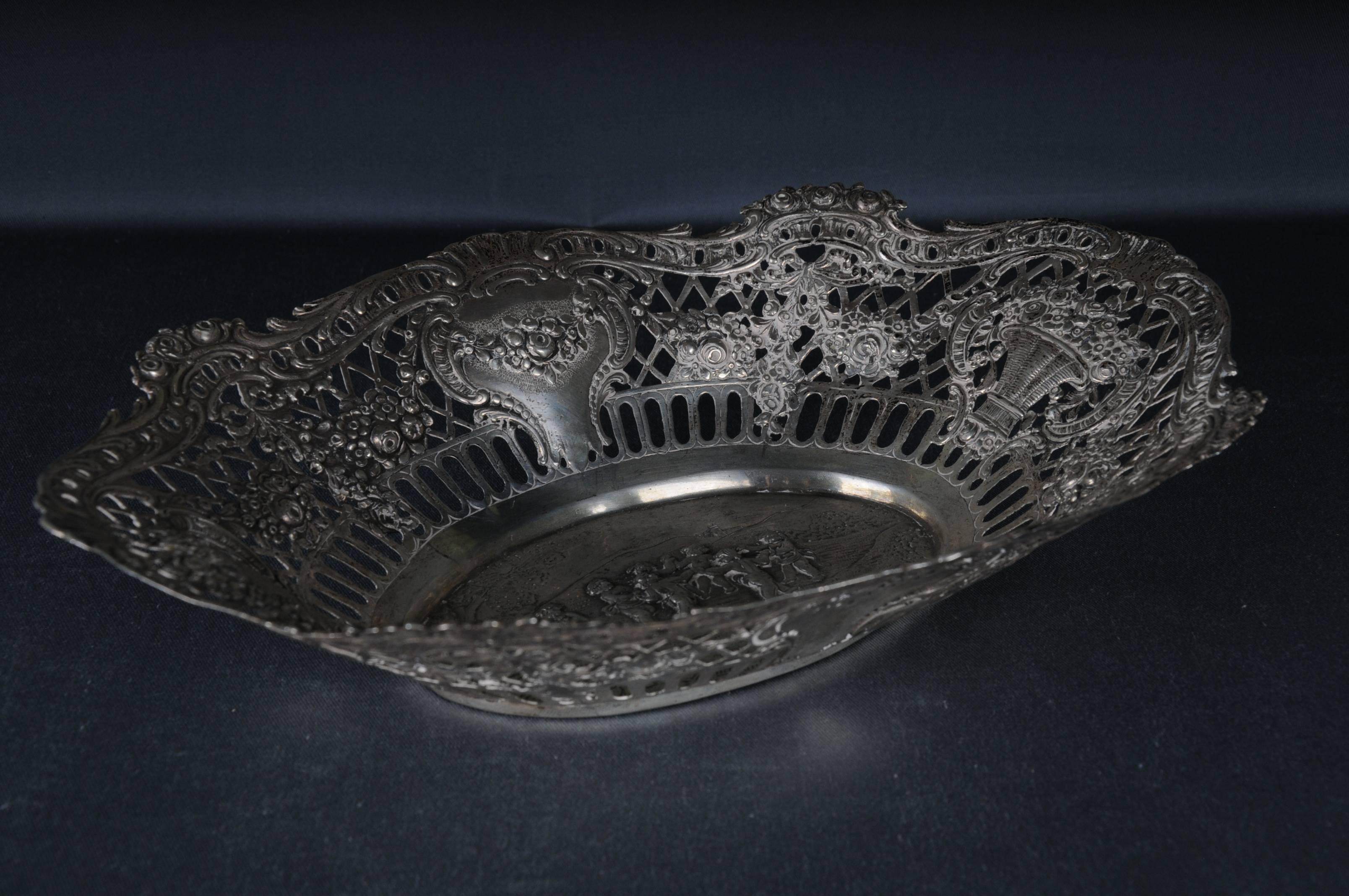 beautiful Antique 800 Silver Bread Basket bowl Germany Flowers Children For Sale 1
