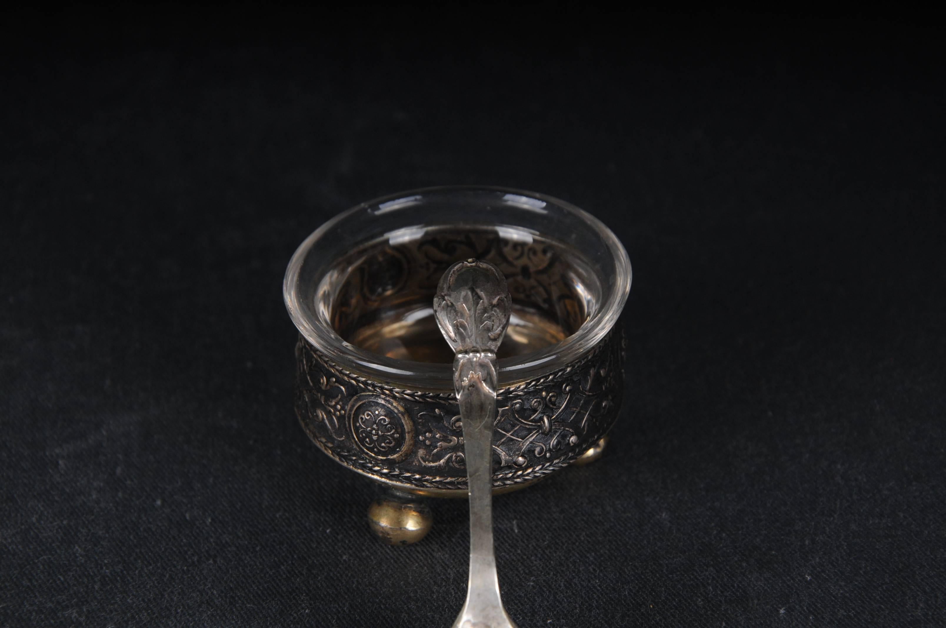 Antique Caviar ball footbowl 800 Silver Germany bowl glass insert & 830er Spoon  For Sale 2
