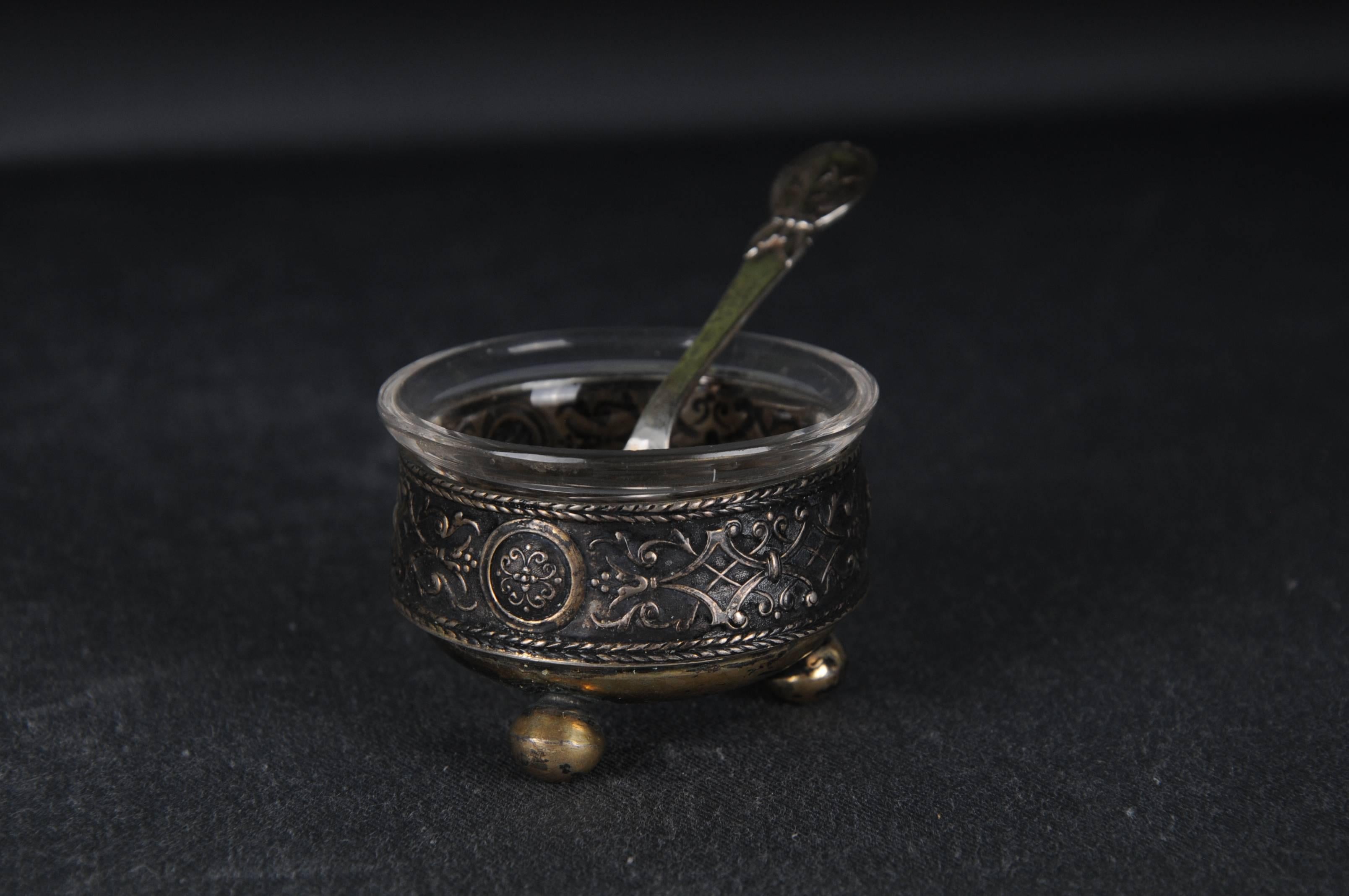 Antique Caviar ball footbowl 800 Silver Germany bowl glass insert & 830er Spoon  For Sale 3