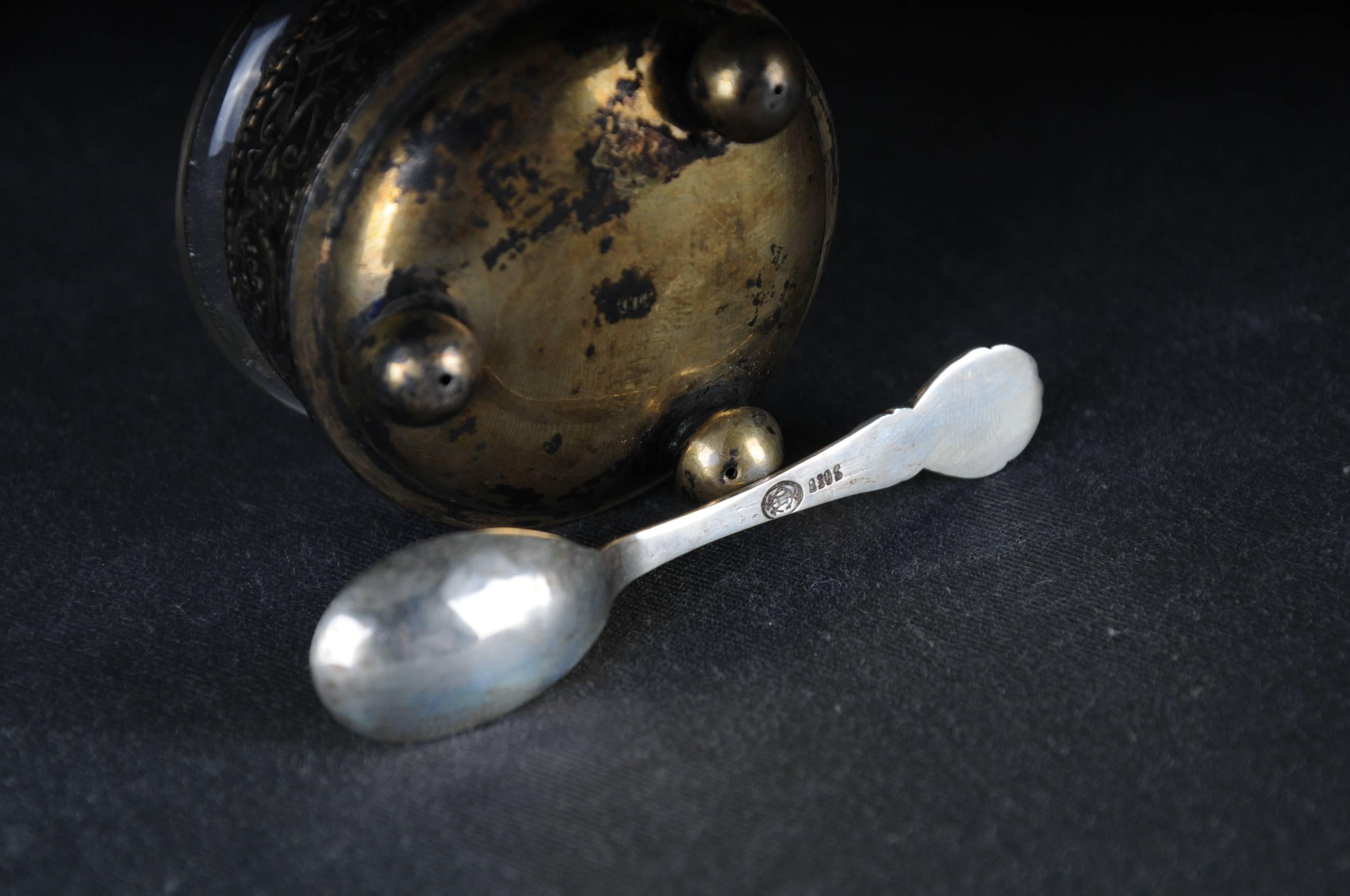 Antique Caviar ball footbowl 800 Silver Germany bowl glass insert & 830er Spoon  For Sale 6