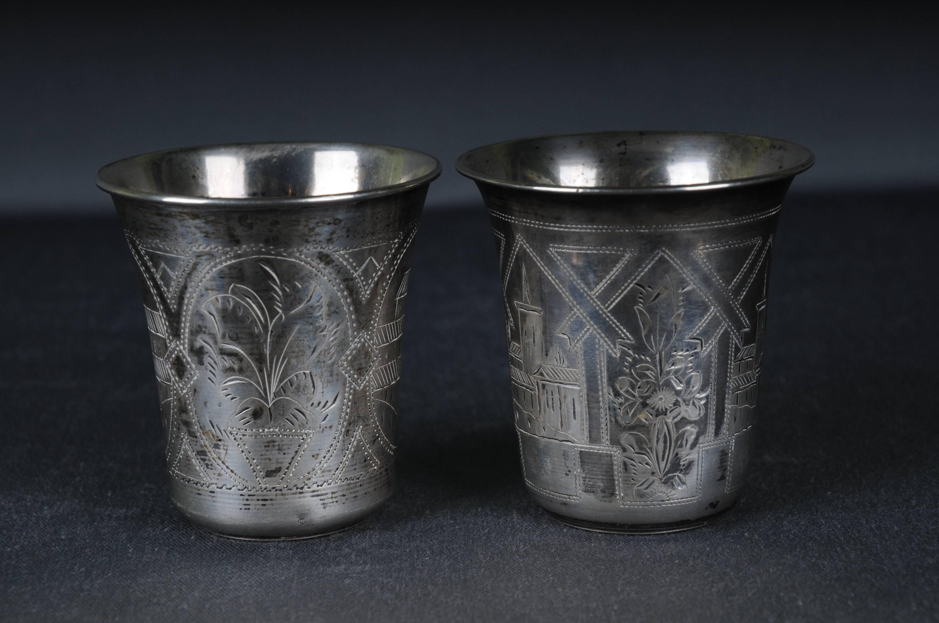 19th Century 2 Antique Silver Mug 84 Silver Russian Viktor Sawinkow Flowers City 875er Silver For Sale