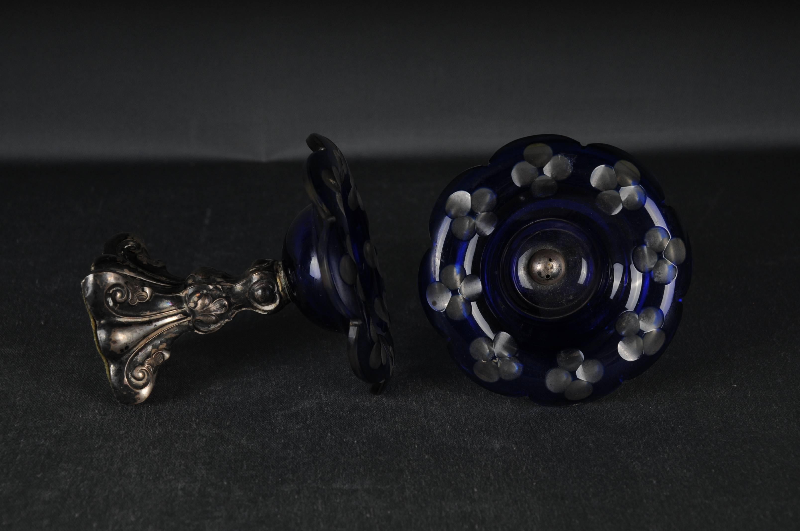 2 Antique Silver Caviar Footbowls Biedermeier Germany Bowls blue glass For Sale 1