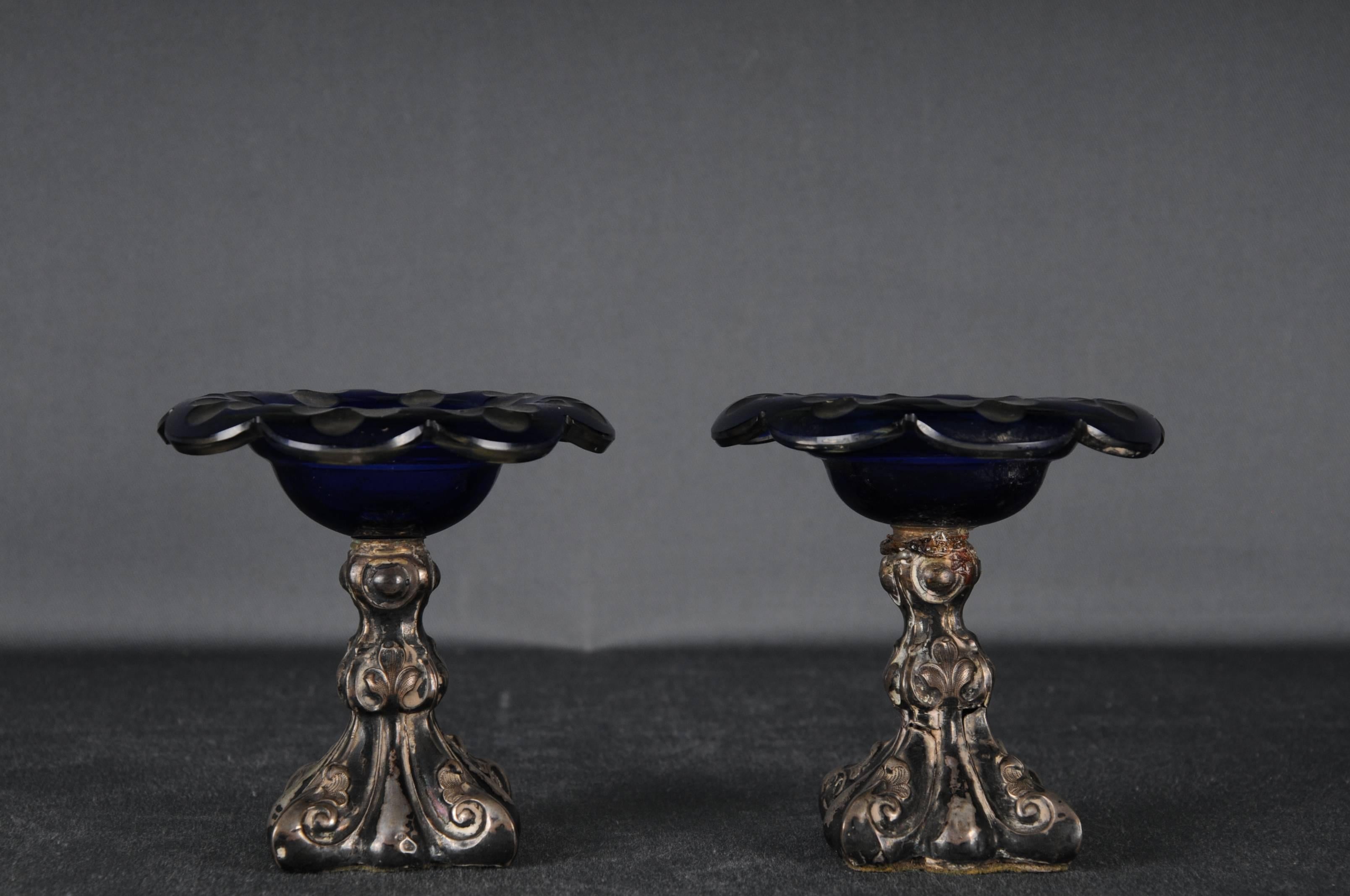 2 Antique Silver Caviar Footbowls Biedermeier Germany Bowls blue glass In Fair Condition For Sale In Berlin, DE