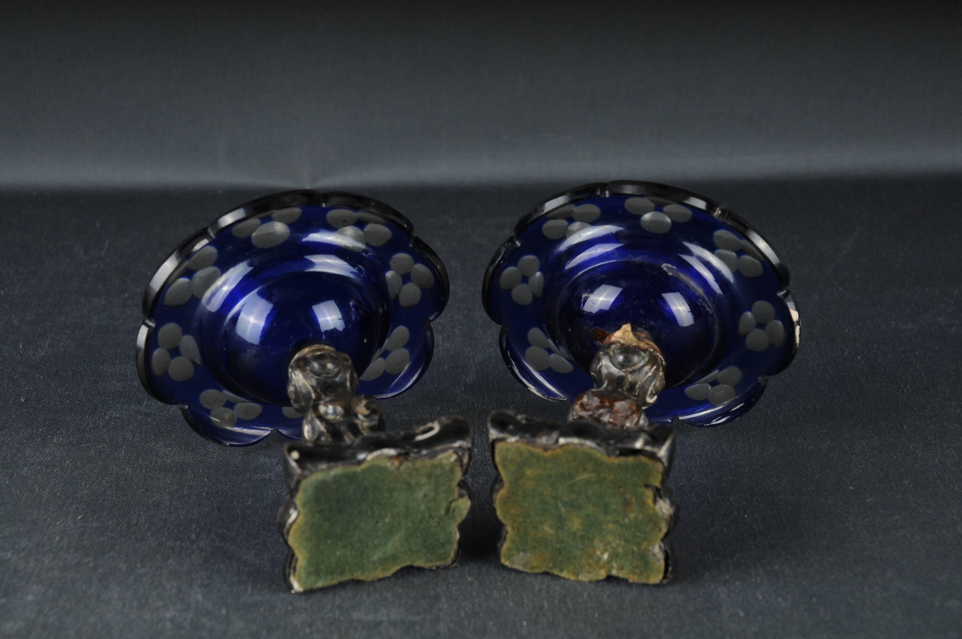 2 Antique Silver Caviar Footbowls Biedermeier Germany Bowls blue glass For Sale 6