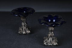 2 Antique Silver Caviar Footbowls Biedermeier Germany Bowls blue glass