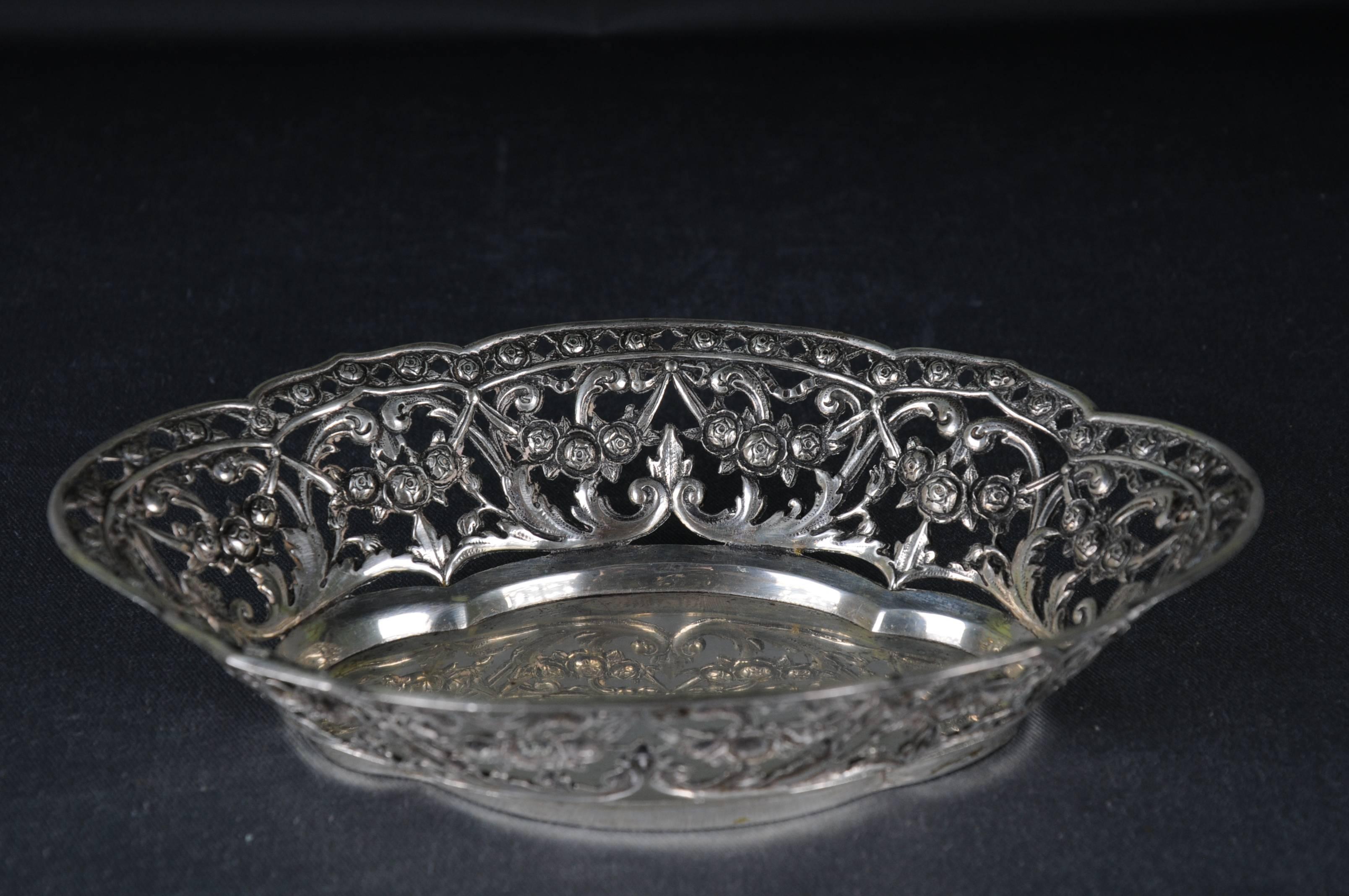 19th Century Antique 800 Silver Bread Basket bowl Germany Flowers For Sale