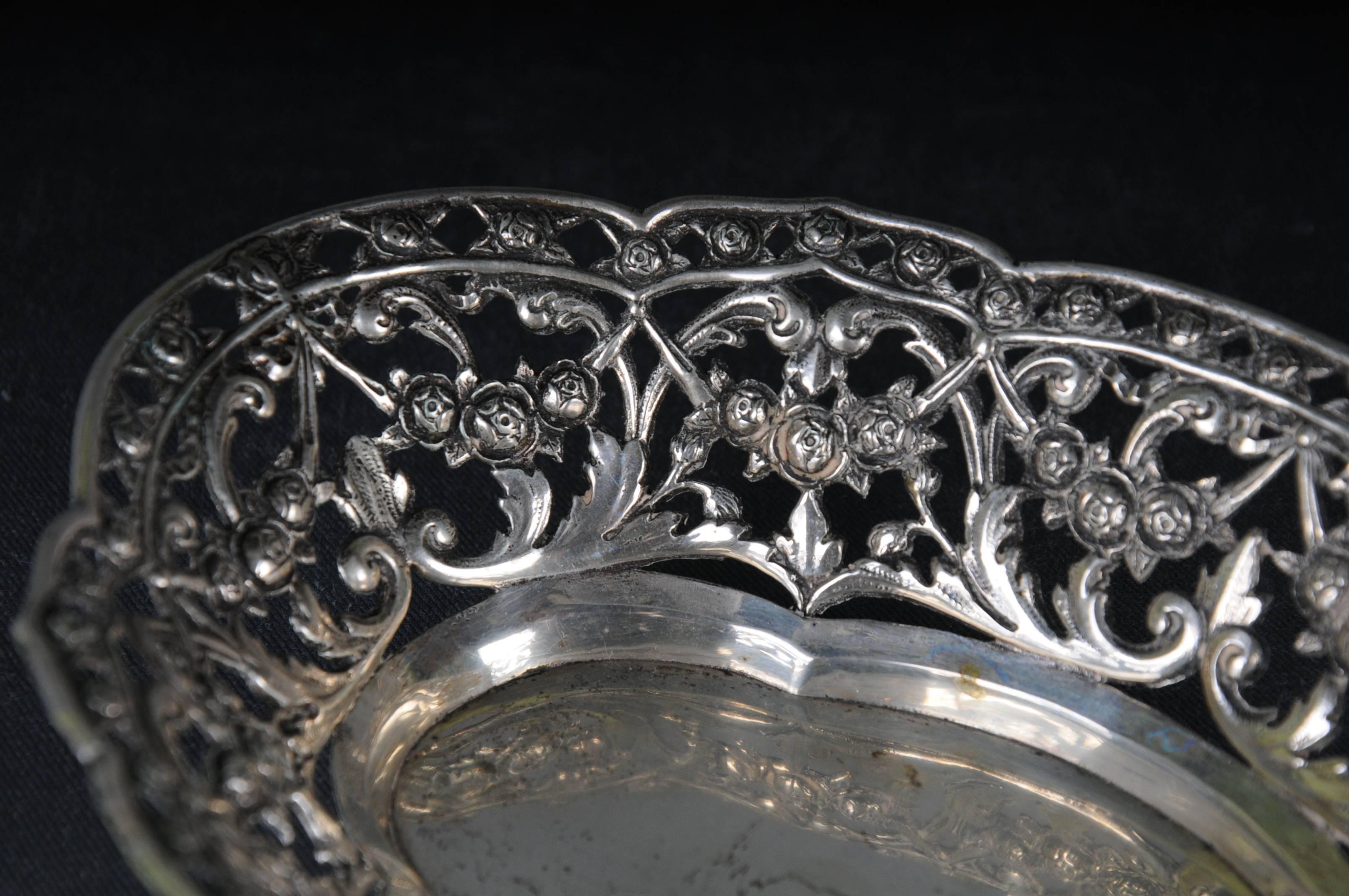 Antique 800 Silver Bread Basket bowl Germany Flowers For Sale 3