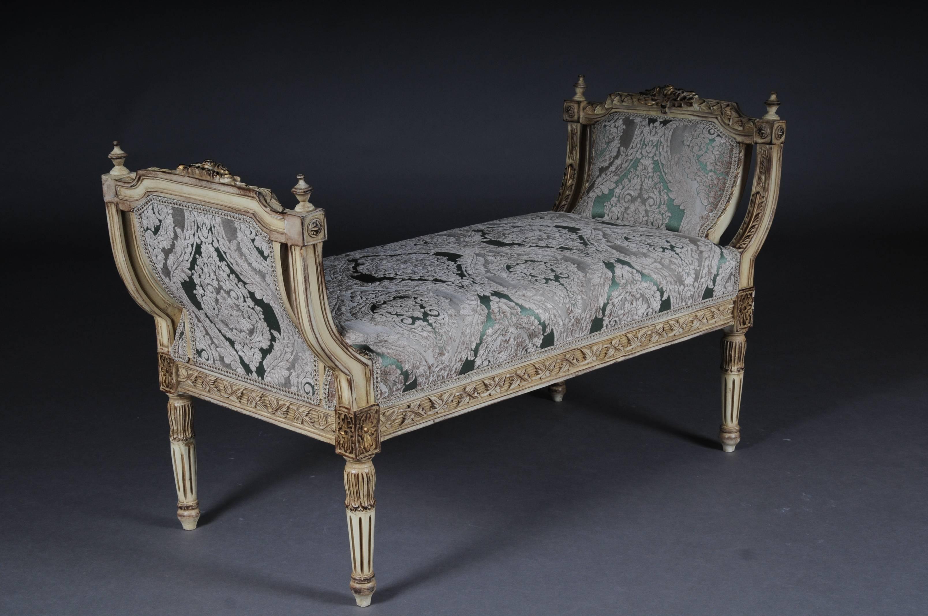 Solid beechwood, gilded with gold trim, straight frame on four conical, fluted legs. The seat is finished with a historical, Classic upholstery.

(B-Dom-84).
