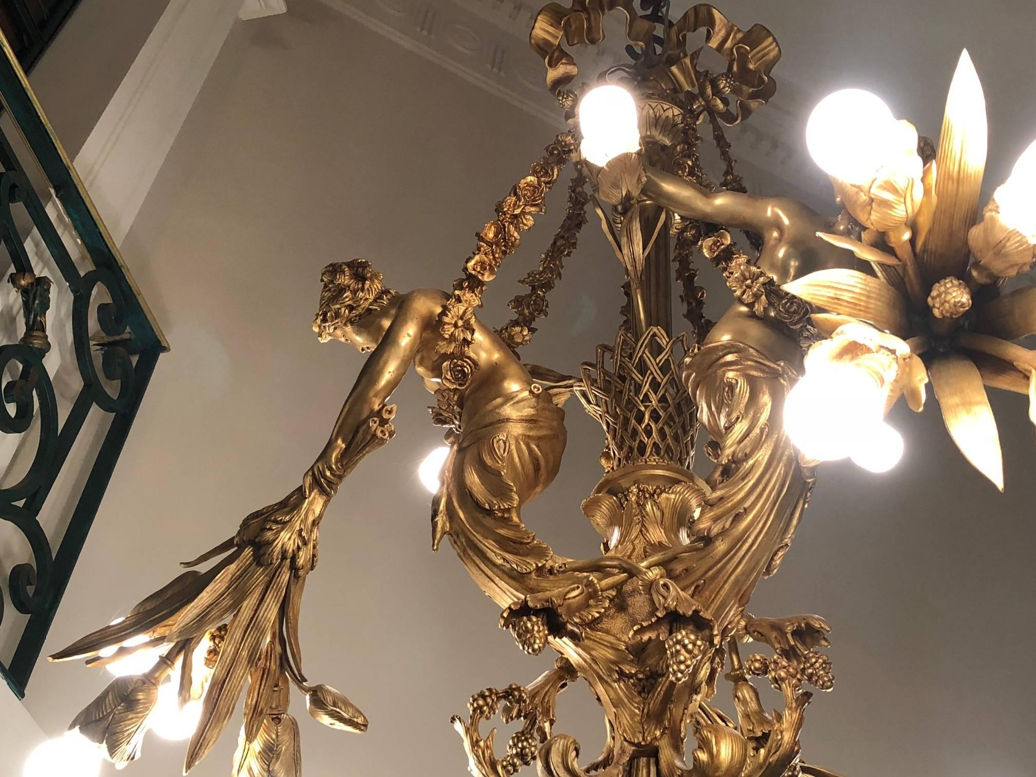 Hand-Crafted Monumental Chandelier in Louis XVI Style, Solid Bronze, Gilt, Unique For Sale