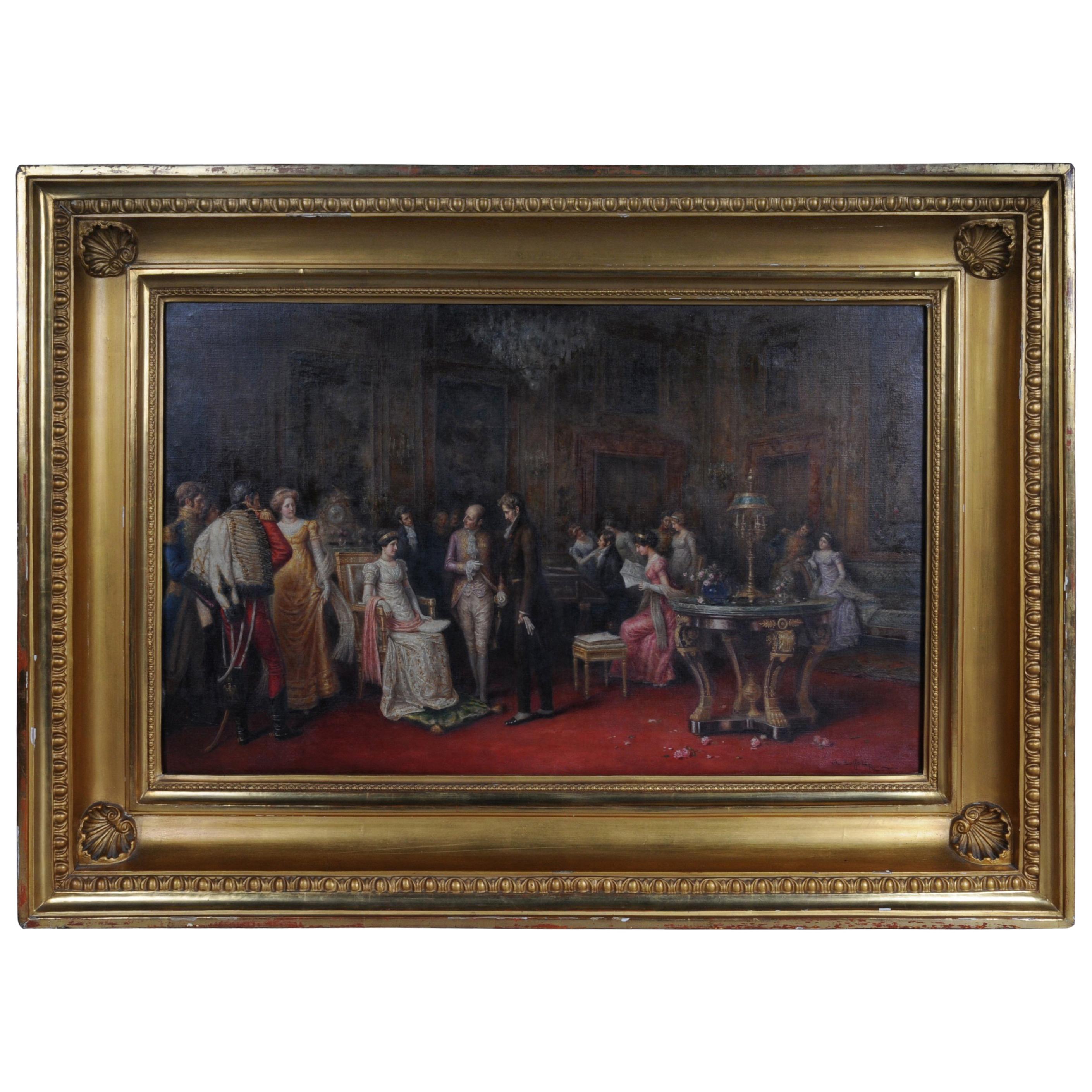 Peinture du XIXe siècle d'audience de A. Zoffoli avec la reine