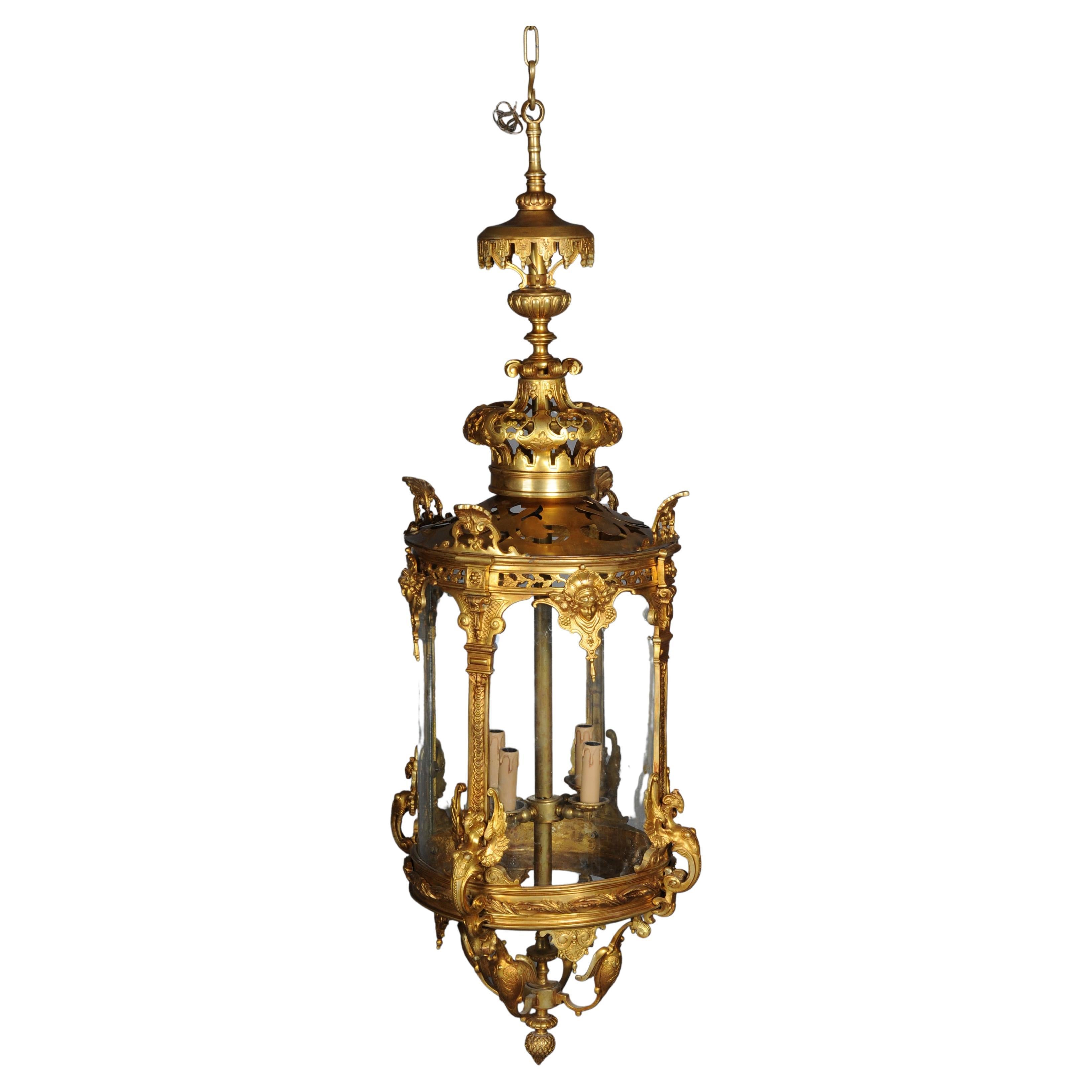 French Fire Bronze Brass Lantern/Chandelier Louis XVI Shape
