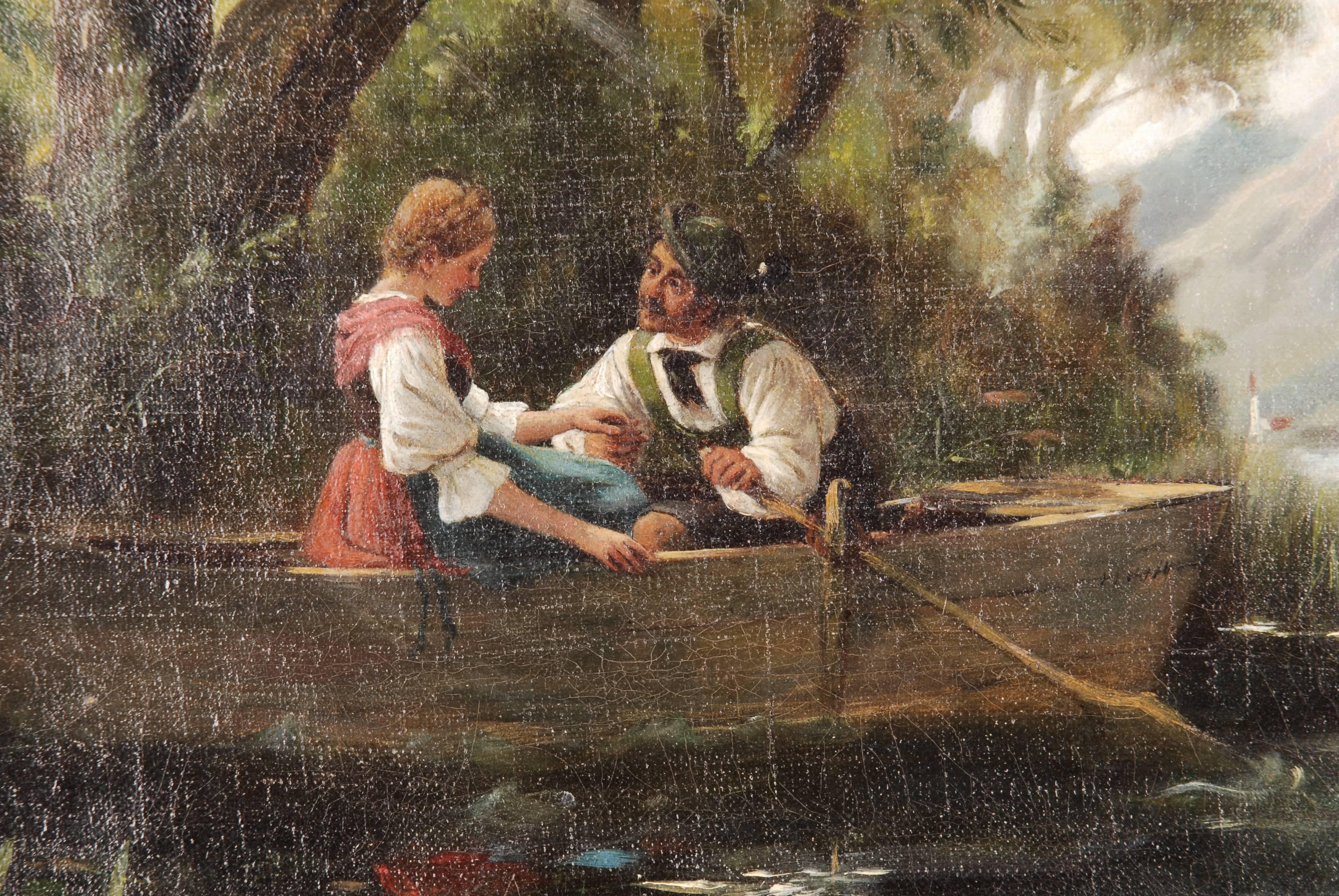 Oil on canvas, love couple in a rowing boat on a alpine lake shore.

(S-97).