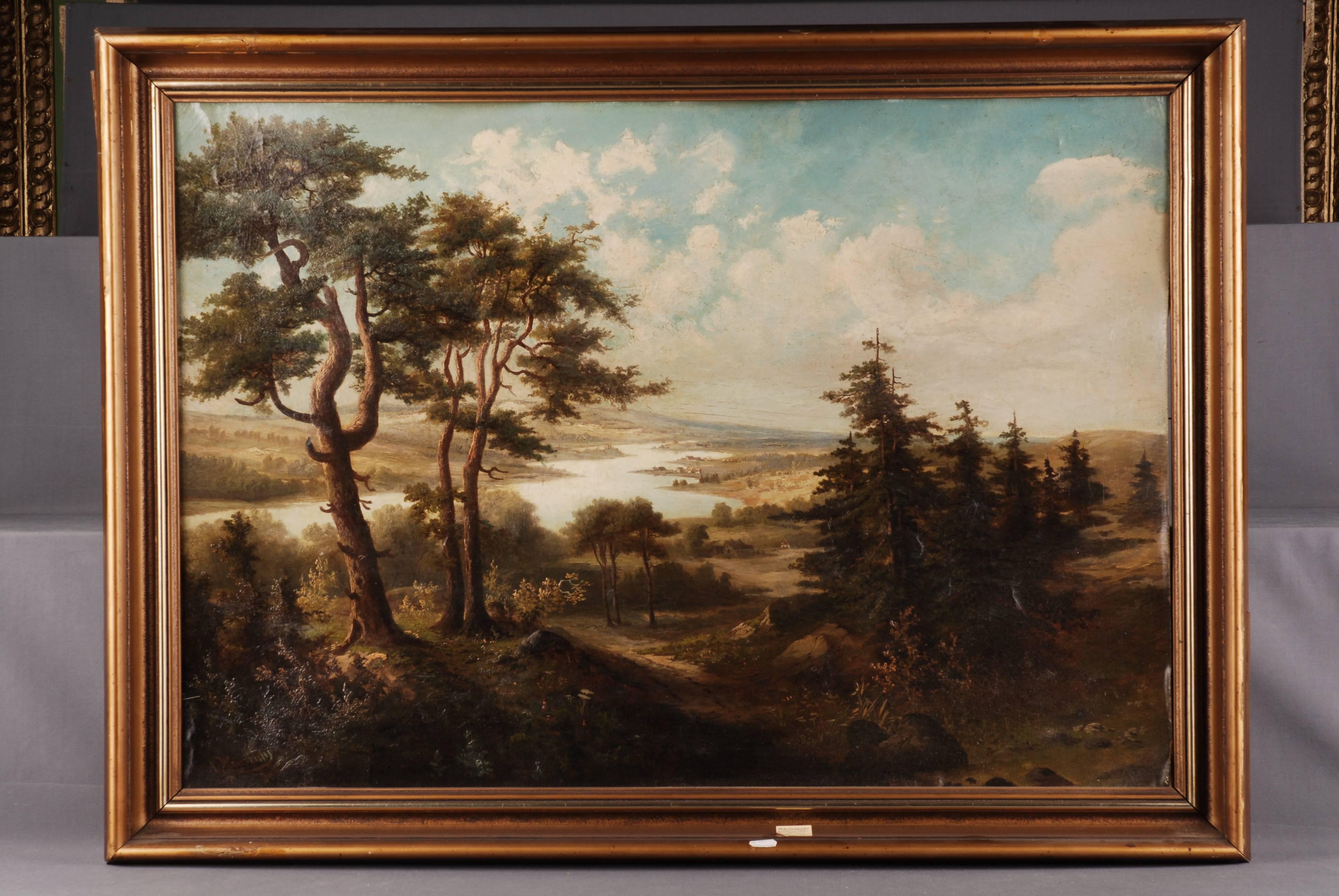 Oil on canvas, view from a mountain range with pines and fir trees on a flat river or lake landscape with farmsteads.

(S-108).