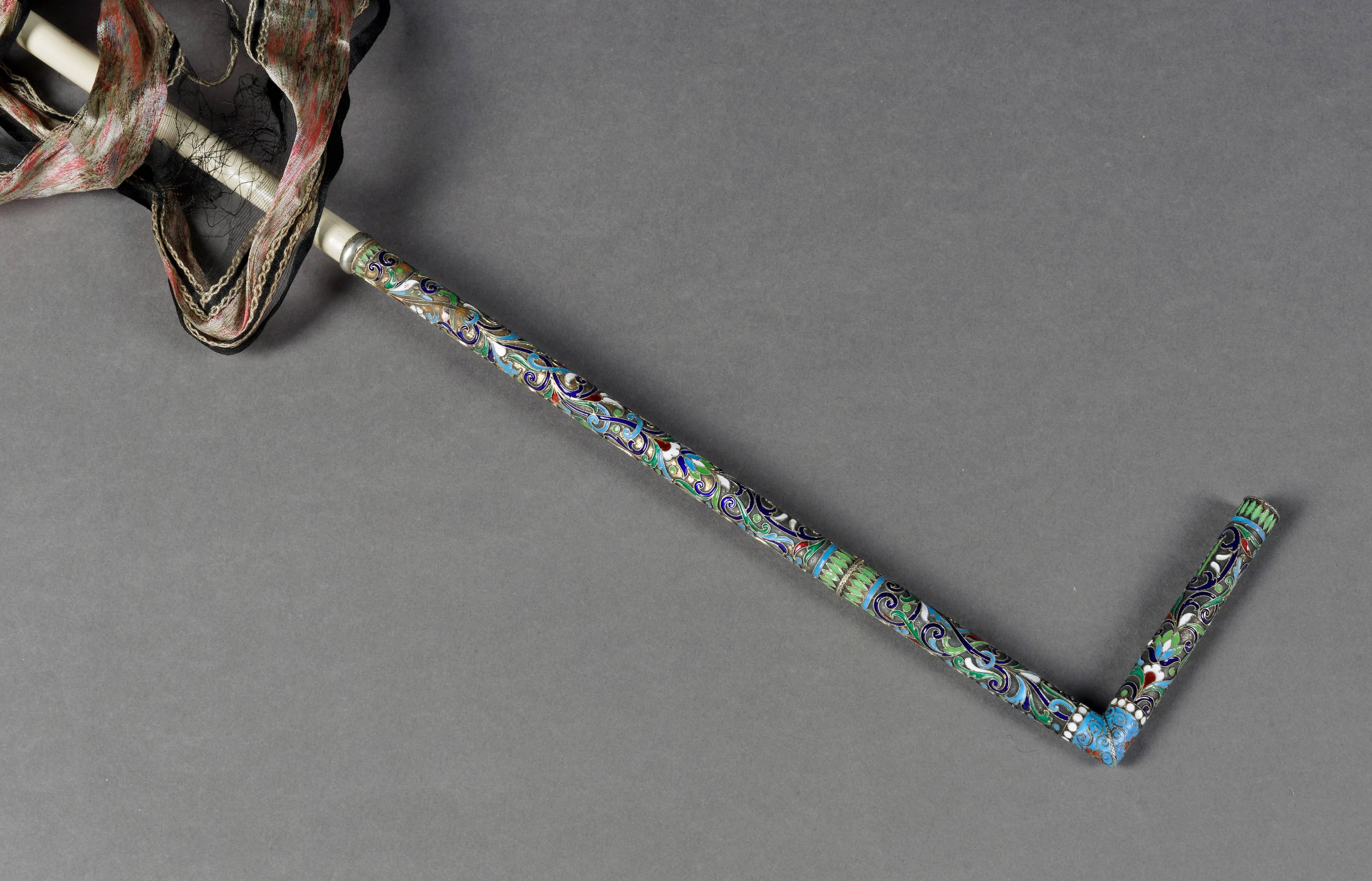 19th Century, 84 silver Cloisonné email Handle Silver Russian Sun Umbrella For Sale 1