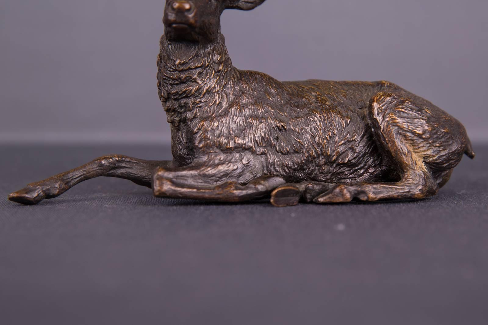 19th Century Antique Bronze Sculpture as a Sitting Stag 3