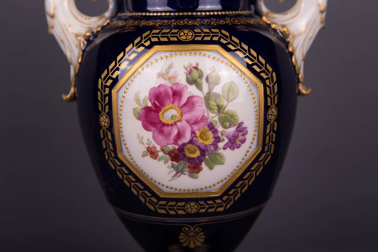Porcelain 19th Century KPM Berlin French Cobalt Blue Dragon Handle Vase For Sale