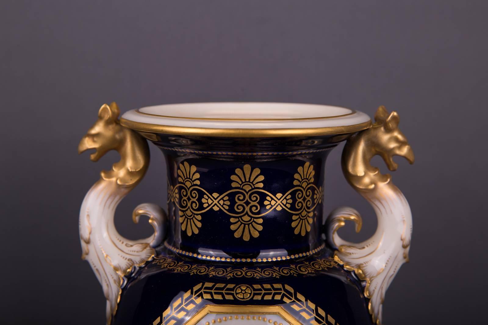 19th Century KPM Berlin French Cobalt Blue Dragon Handle Vase For Sale 1