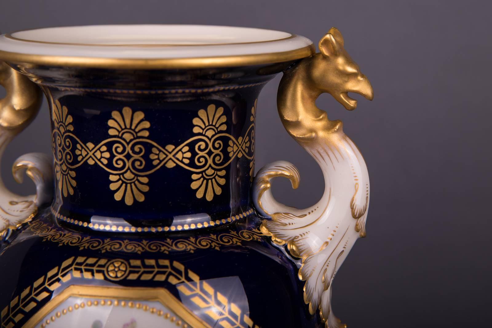 19th Century KPM Berlin French Cobalt Blue Dragon Handle Vase For Sale 2
