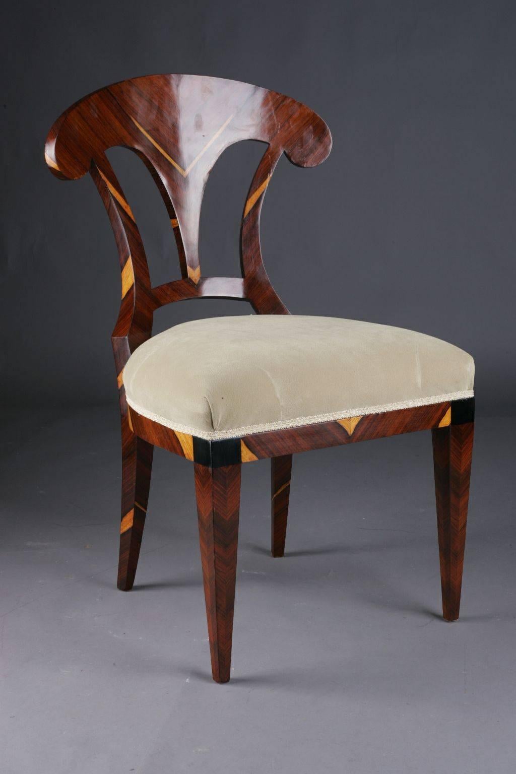 Vienna Biedermeir chair after Josef Danhauer.
Solid beechwood with wood veneer. Seat classical upholstered. 

(C-Sam-35).