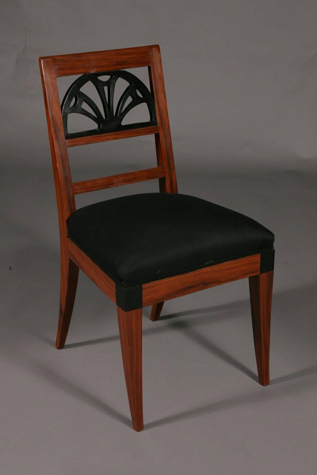 Very elegant chair in Classicist Style.
solid beechwood. Classical upholstery. Backrest black decorated.

(C-Sam-6).