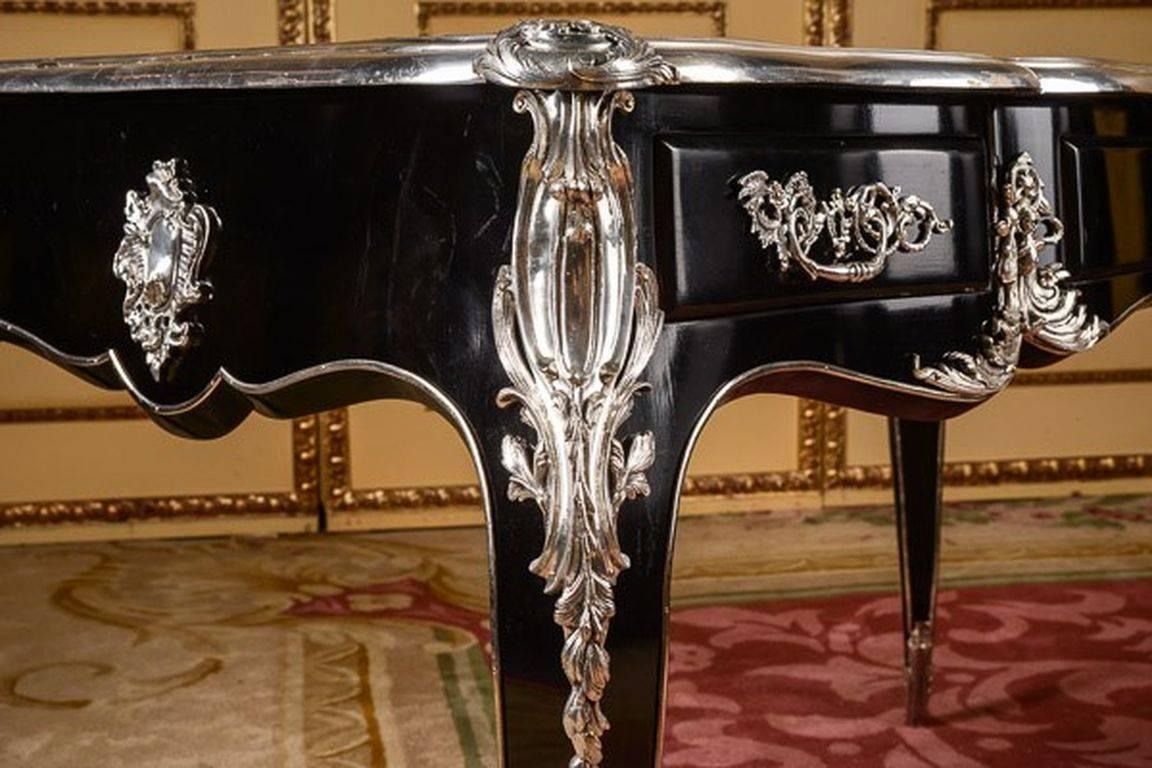 Silvered 20th Century Louis XV Style Piano-Black Bureau Plat
