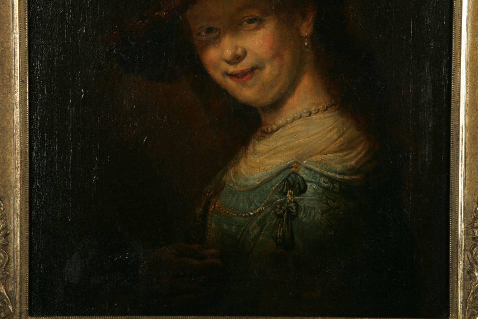 German 19th Century Barock Style Oil Painting Saskia Smiling with Feather Bar