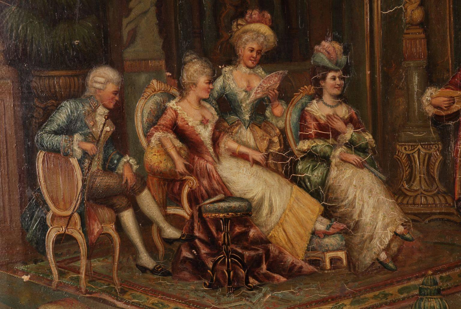Oil painting of a rococo scene 19th century F. Heinz.
Oil on mahogany plate. Scene of a rococo group of people. Return with Inventory number. Unrestored historical condition. Gold frame. Signed F. Heinz

Measures in cm:
with frame
Height 53