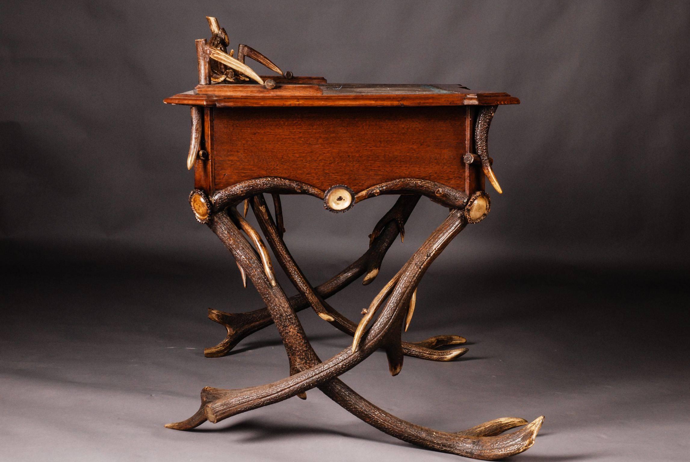 Oak 19th Century Historicism Style Antler Desk