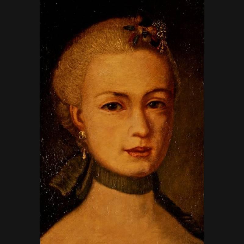 Hochinteressantes Barockporträt aus der Mitte des 18. Jahrhunderts. 
Öl auf Leinwand. Motiv. Eine adlige Dame in barocker Tracht. 

(S-85).