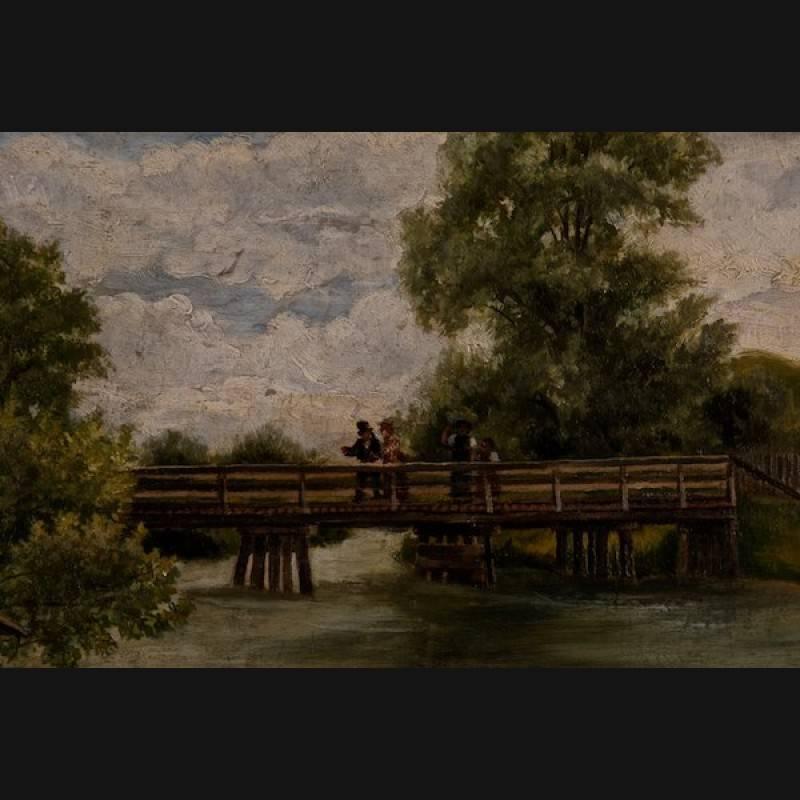 Idyllic landscape with children playing. Munich, 1883.
Rural worker in background, farm and bridge.
Oil on solid mahogany plate with gold frame.

(S-44).