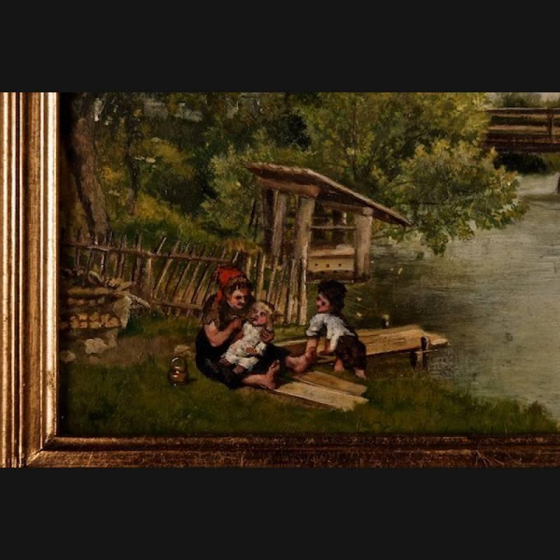 German 19th Century Painting Landscape with Children Playing For Sale