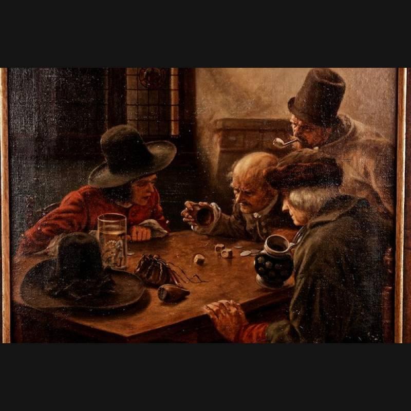 Very decorative oil painting with dice player, circa 1850.
Historical rally in a cellar. Oil on canvas. Moody genre scenes. Motive. Very harmonious composition in the light guide.

(S-87).