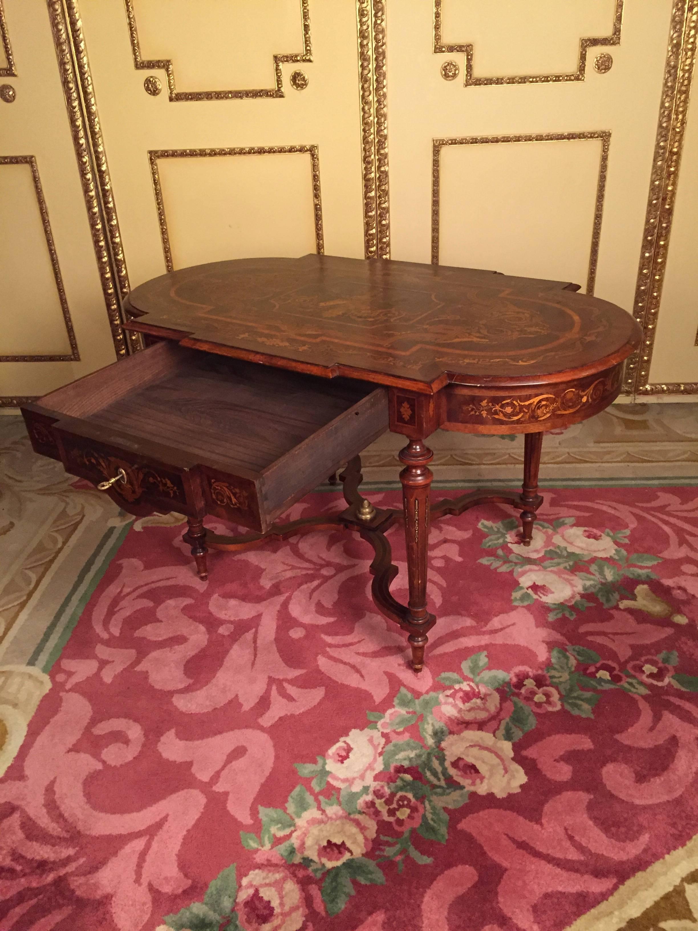 French 19th Century Marquetry Salon Table Louis XVI with Noble Veneer For Sale