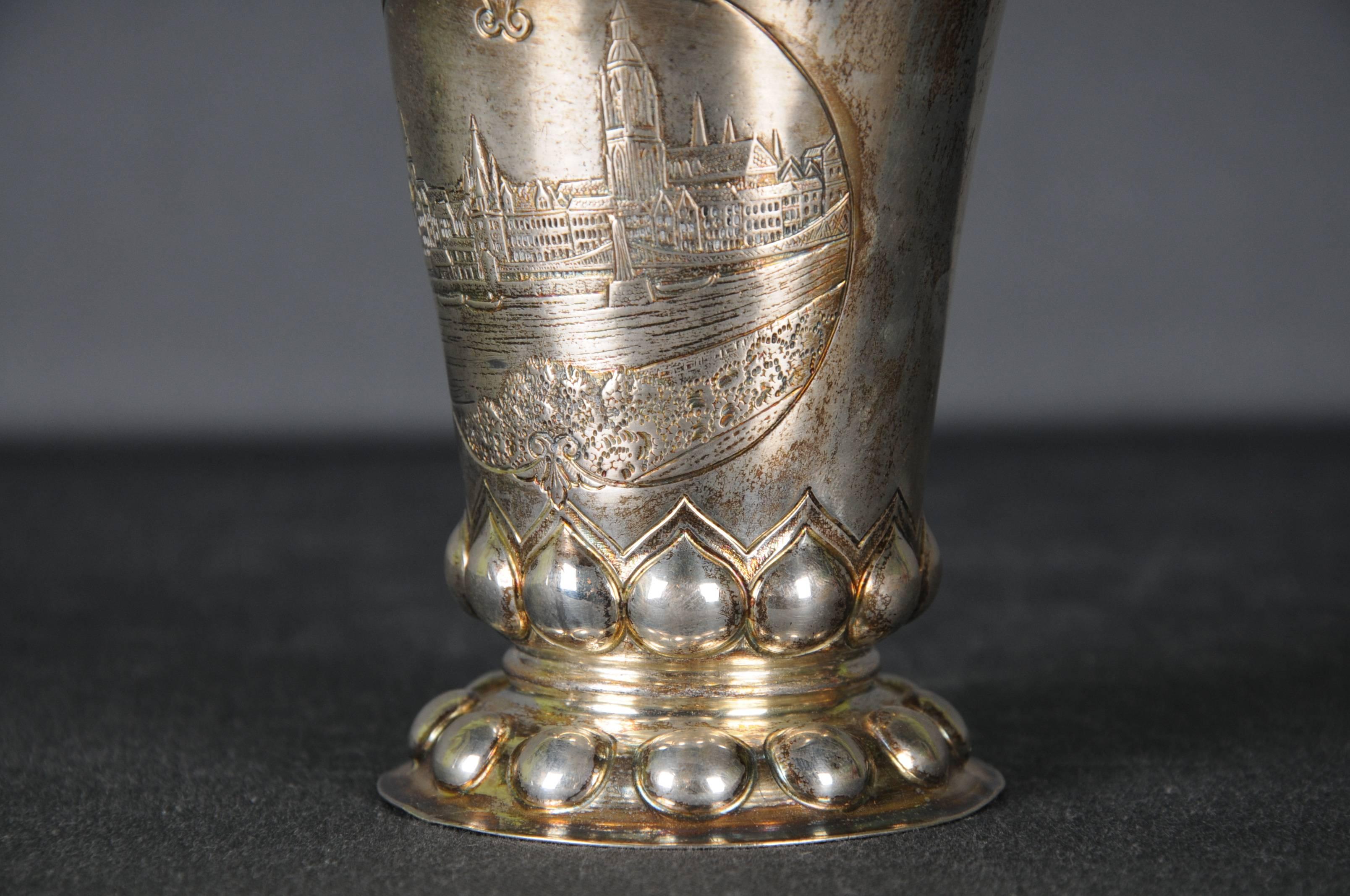 Gilt Antique Silver Footcup 800er Silver Germany Cup, gilded, German City View  For Sale