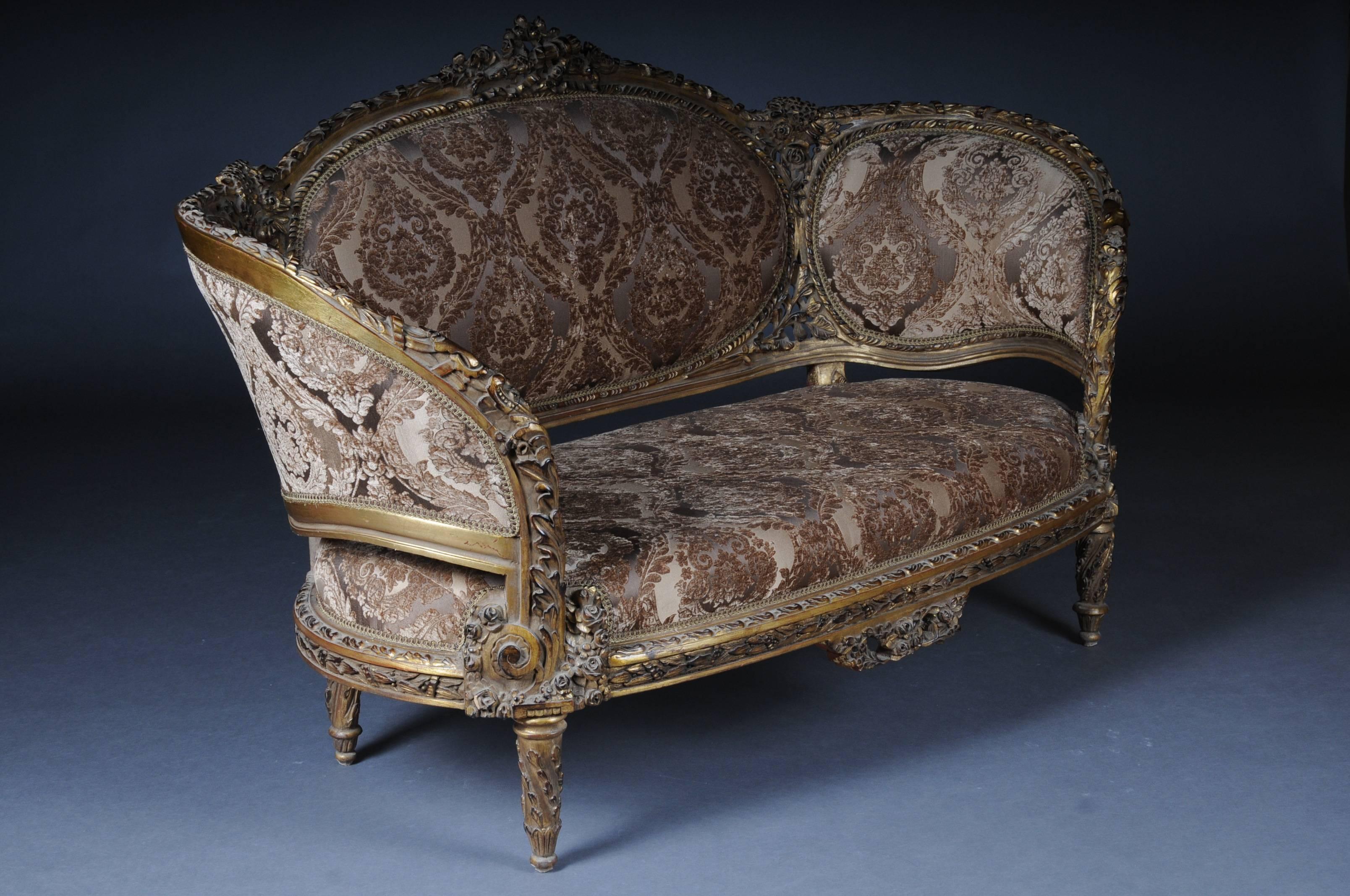 Solid beechwood, carved and painted. Semicircular rising backrest framing with openwork rocaille crowning. Appropriately curved frame with rich relief carved foliage. Slightly curved frame on curly legs. Seat and backrest are finished with a